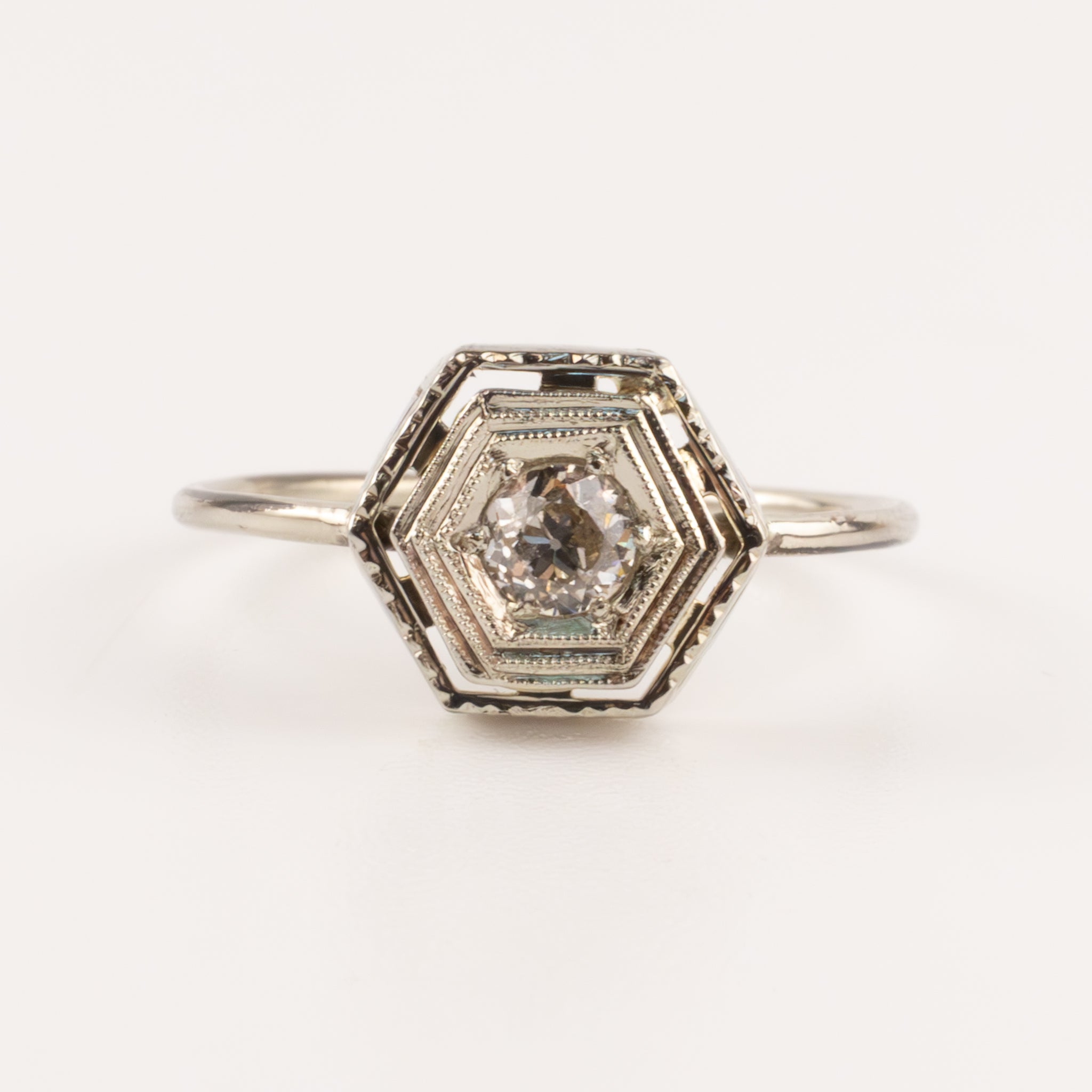 14KWG Antique Old Mine Diamond Custom Made Hexagon Ring