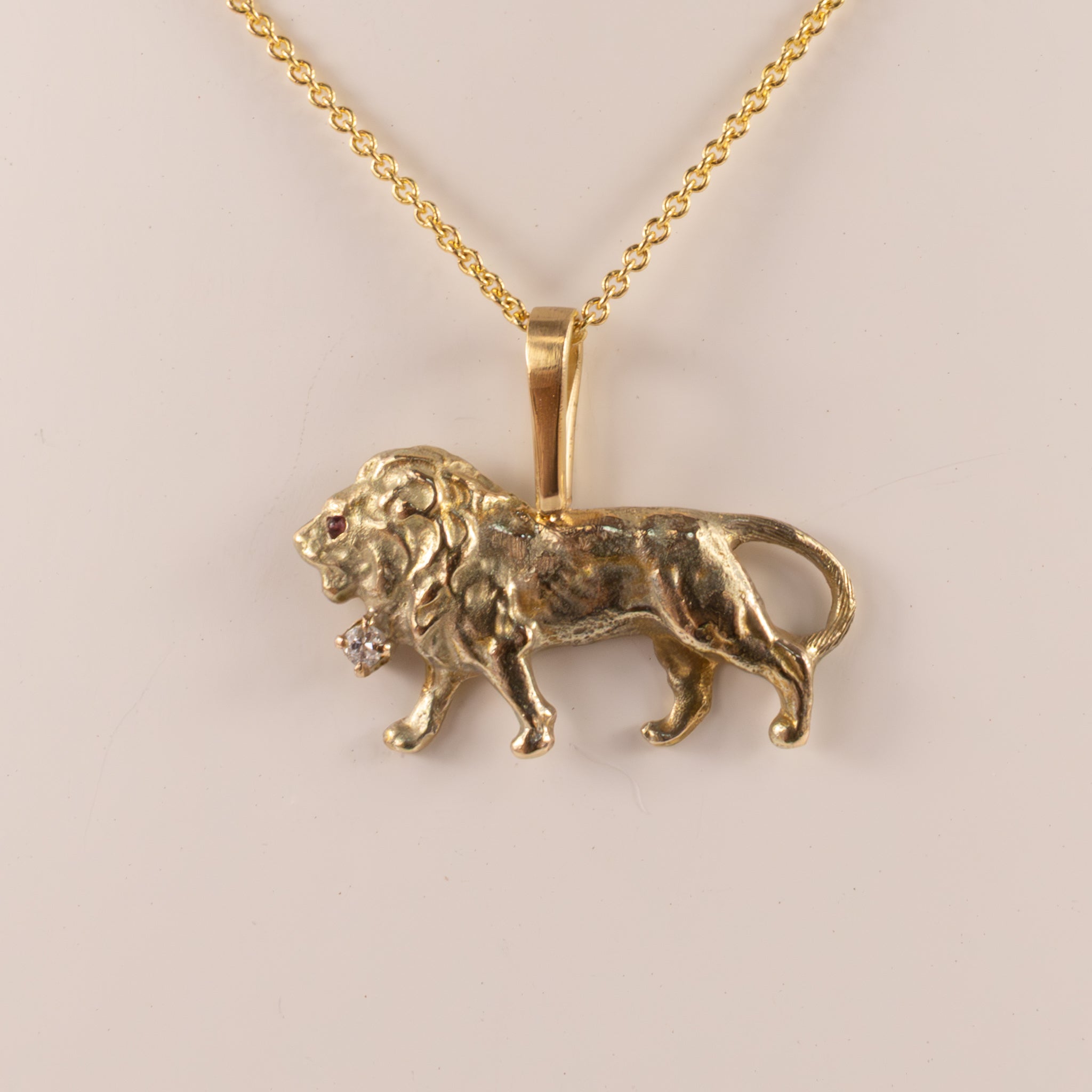 14KYG Antique Diamond and Ruby Lion Custom Made Necklace