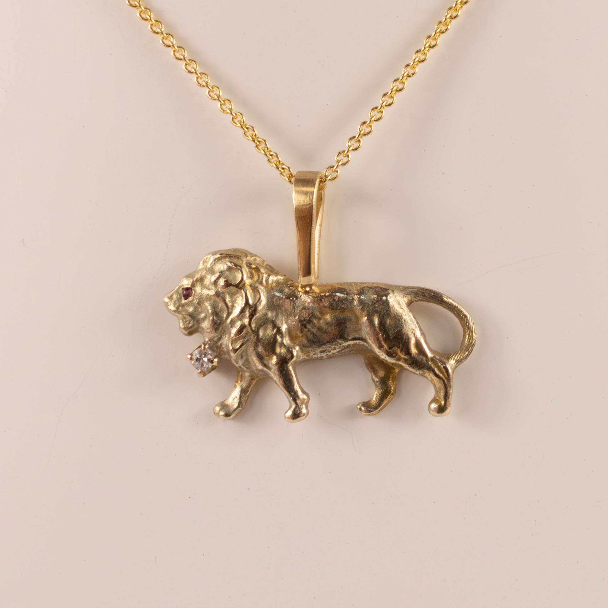 14KYG Antique Diamond and Ruby Lion Custom Made Necklace