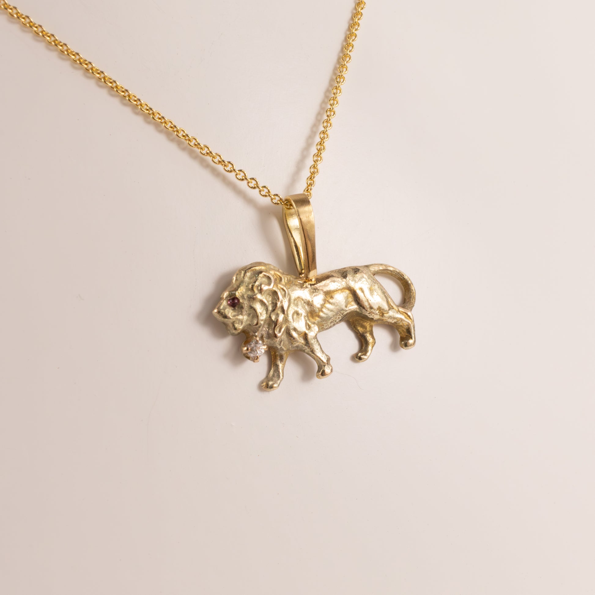 14KYG Antique Diamond and Ruby Lion Custom Made Necklace