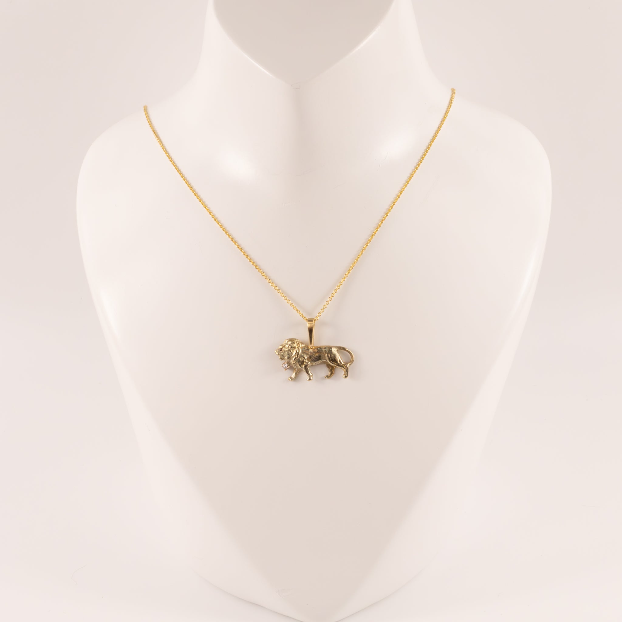 14KYG Antique Diamond and Ruby Lion Custom Made Necklace