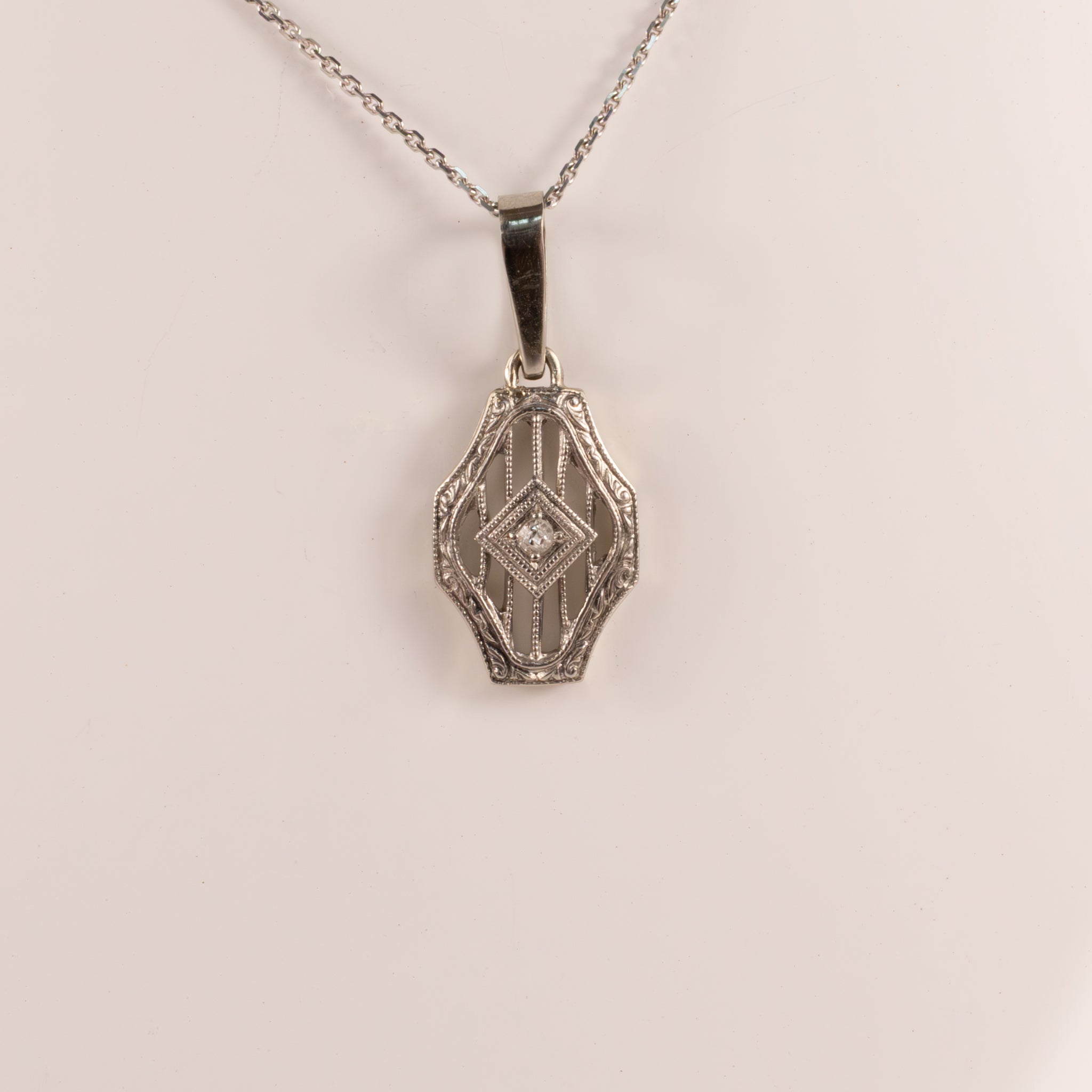 14KWG Antique Diamond Shield Shaped Custom Made Necklace