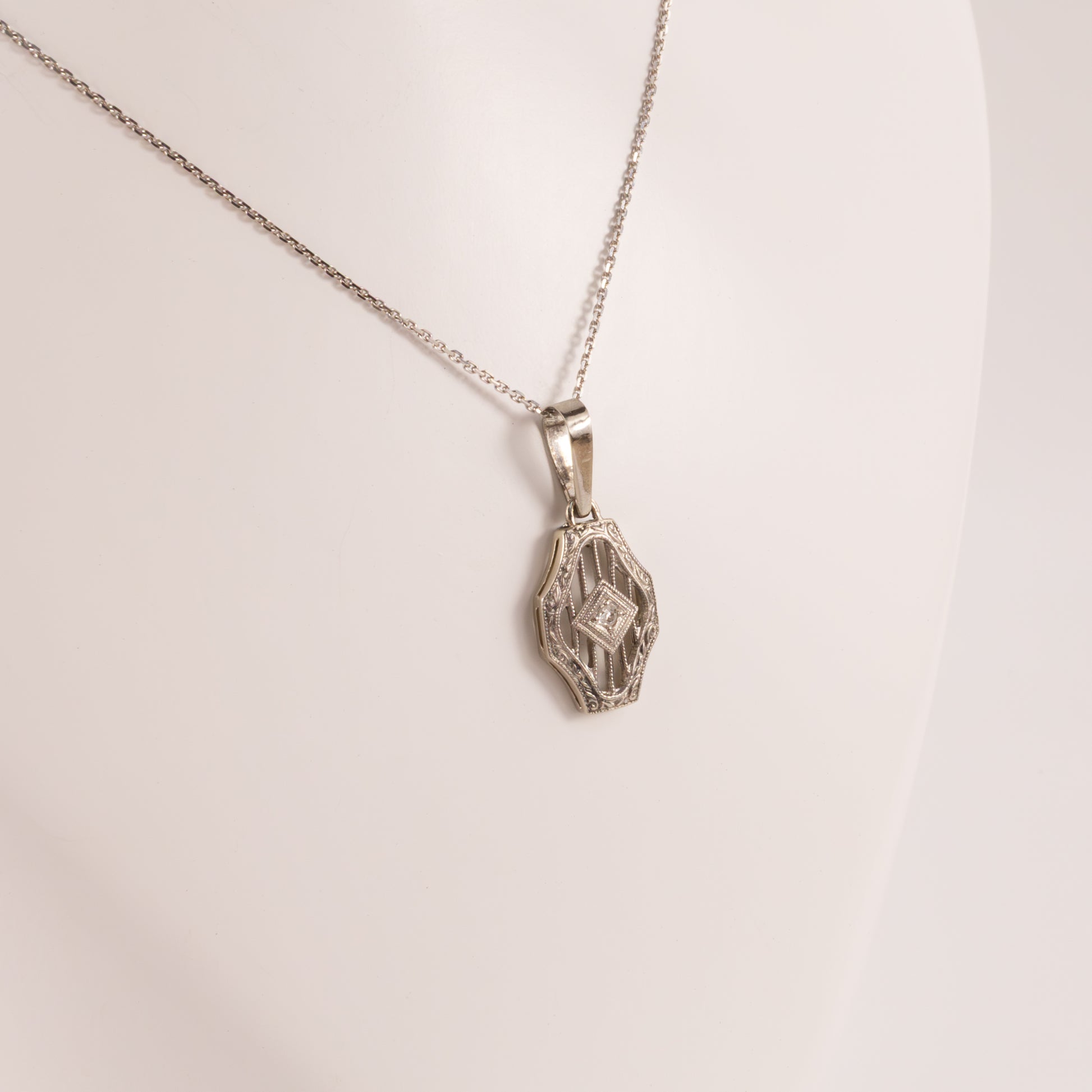 14KWG Antique Diamond Shield Shaped Custom Made Necklace