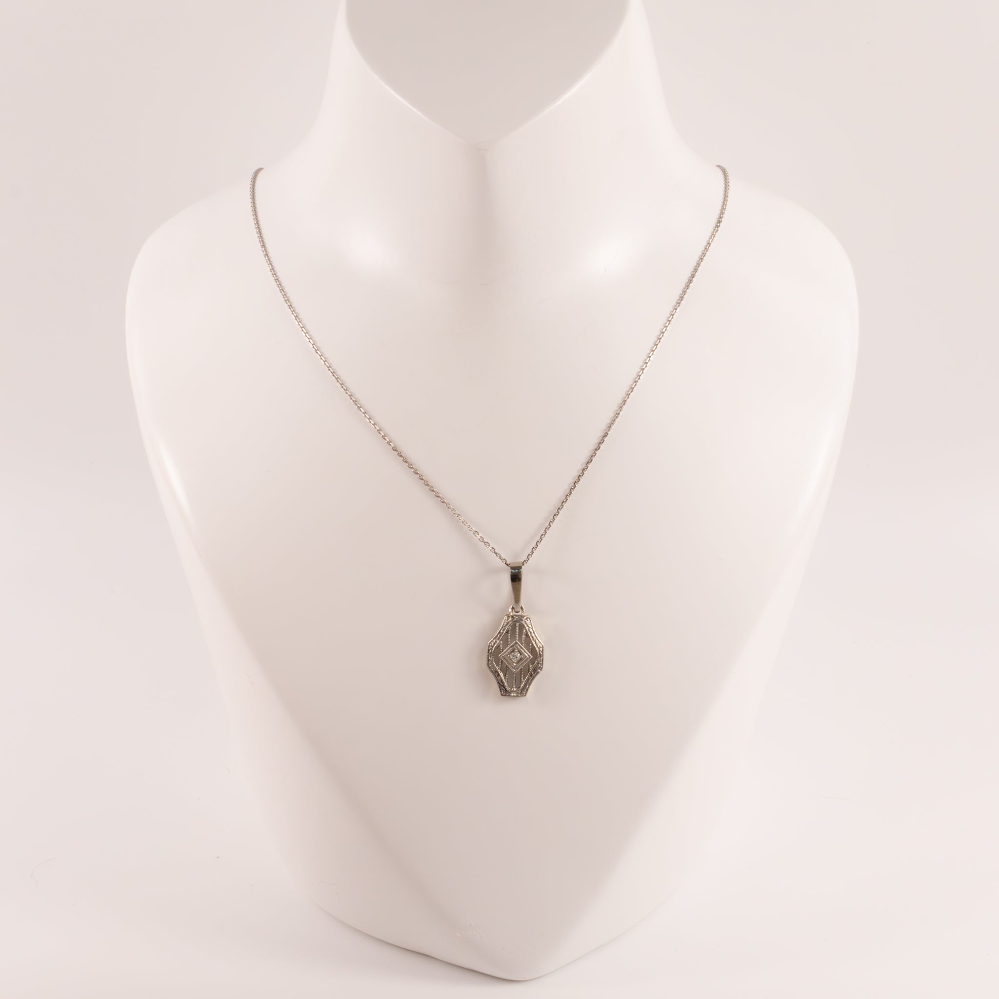 14KWG Antique Diamond Shield Shaped Custom Made Necklace