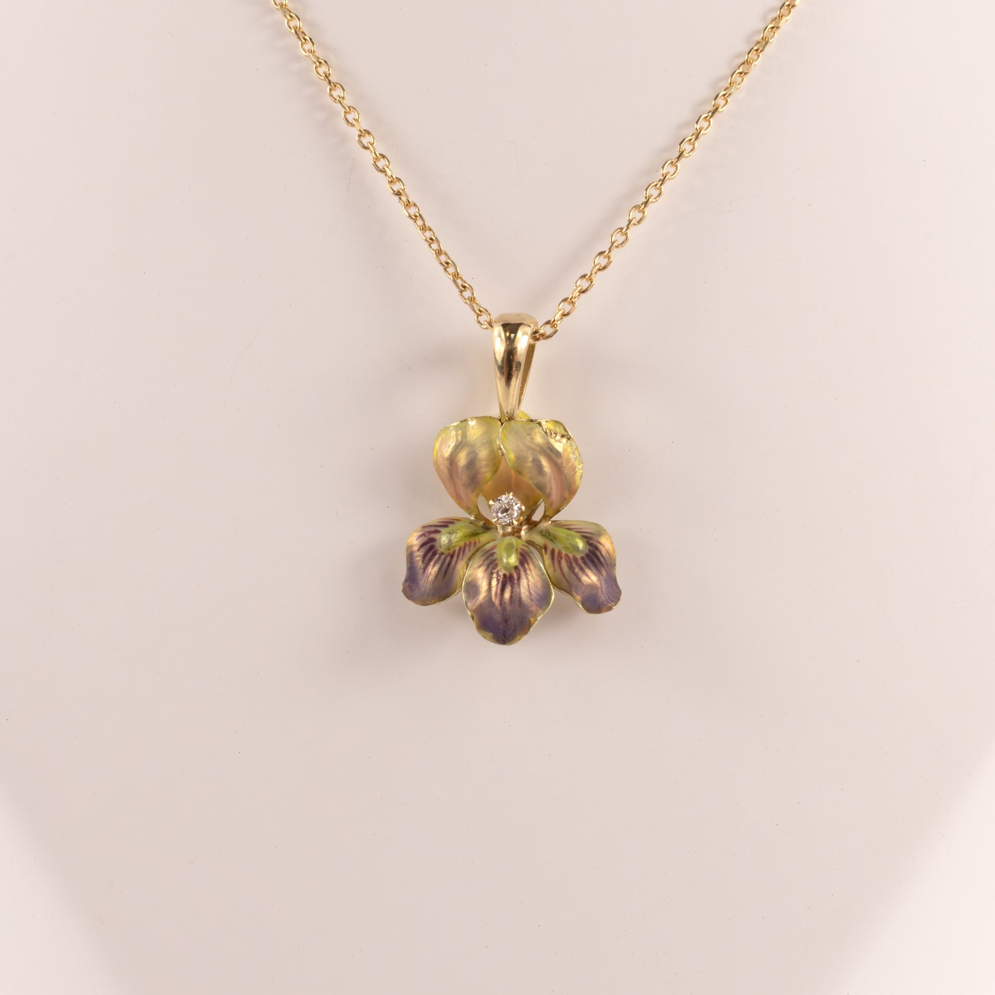 14KYG Antique Diamond and Enamel Painted Orchid Custom Necklace