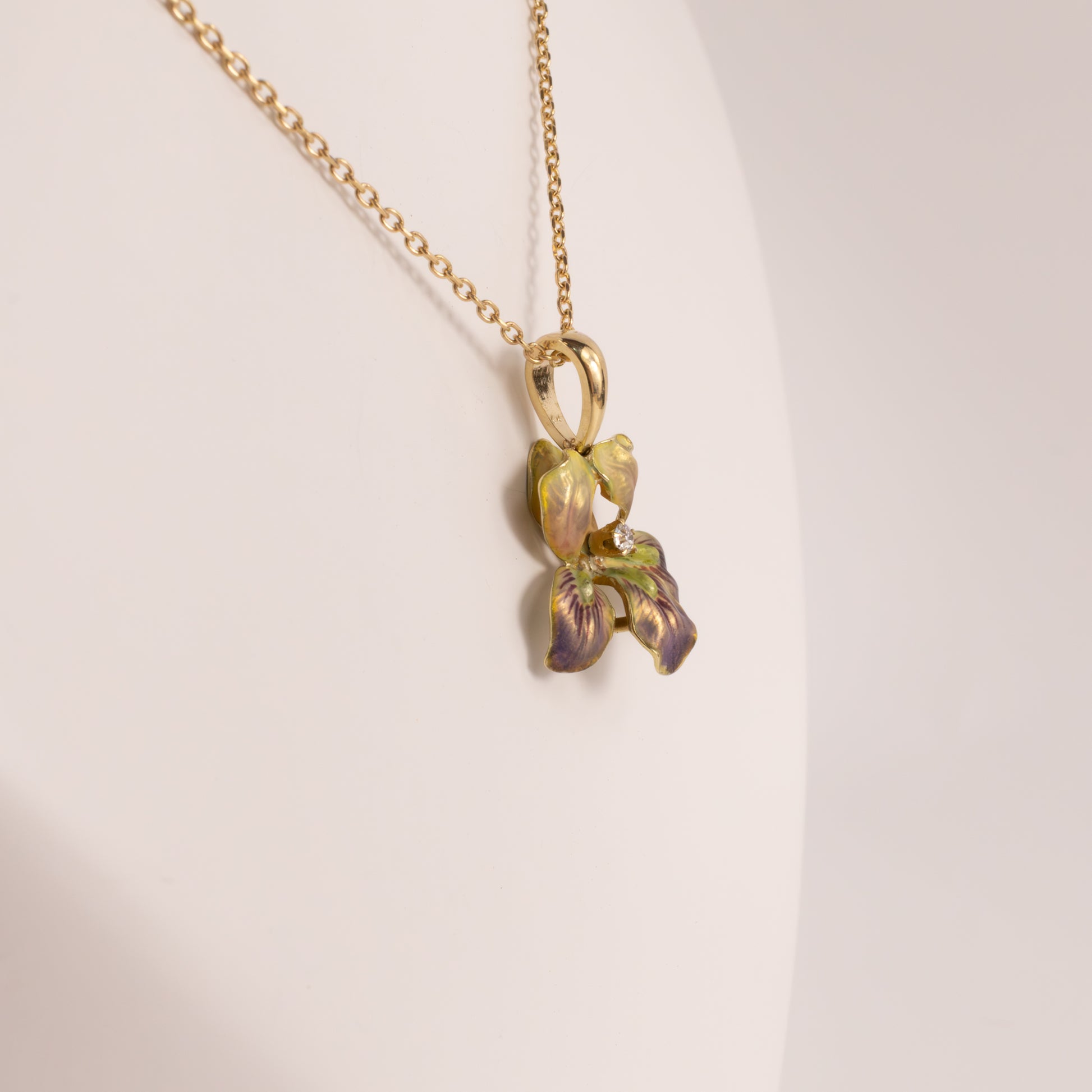 14KYG Antique Diamond and Enamel Painted Orchid Custom Necklace