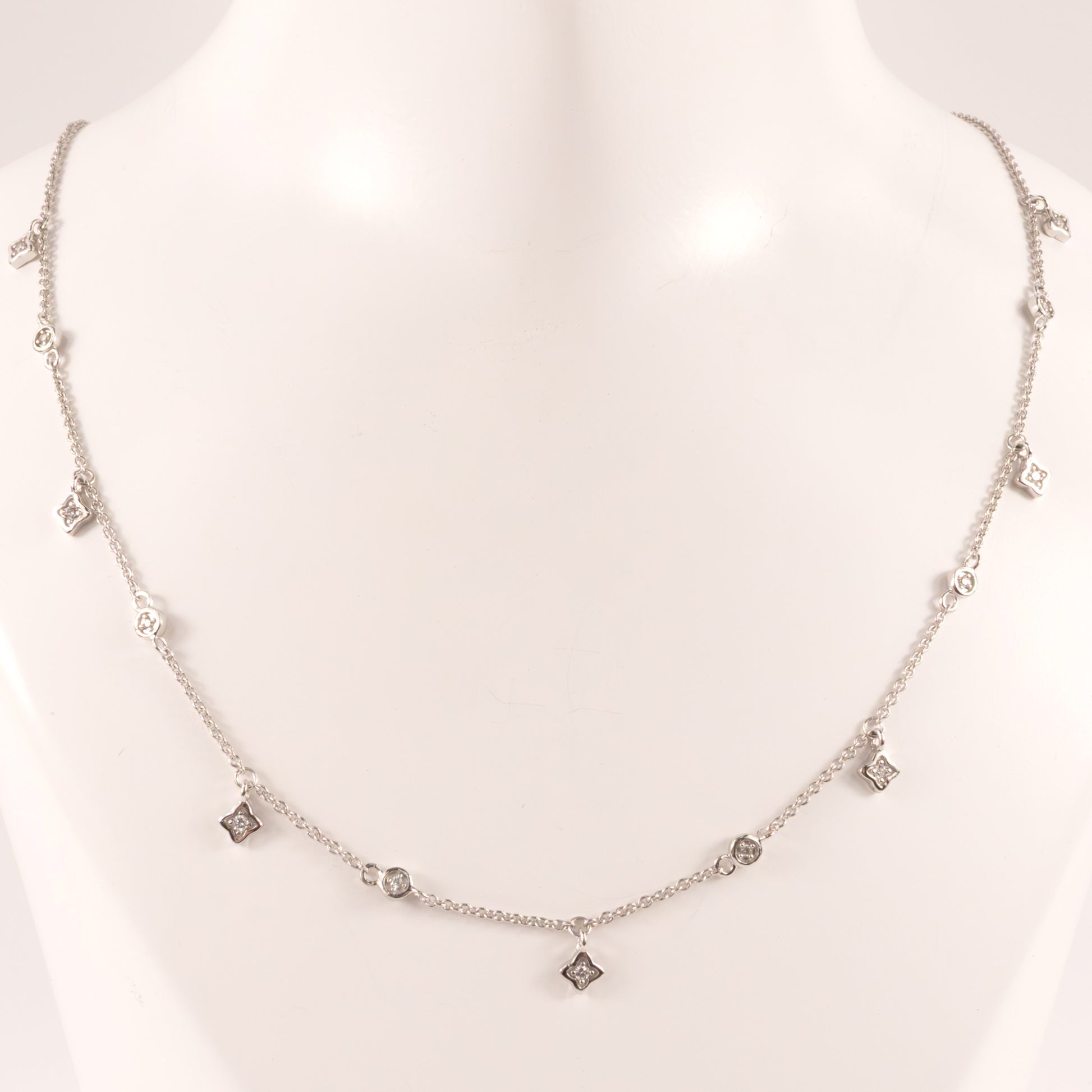 Sterling Silver Diamond Clover Drop Station Necklace
