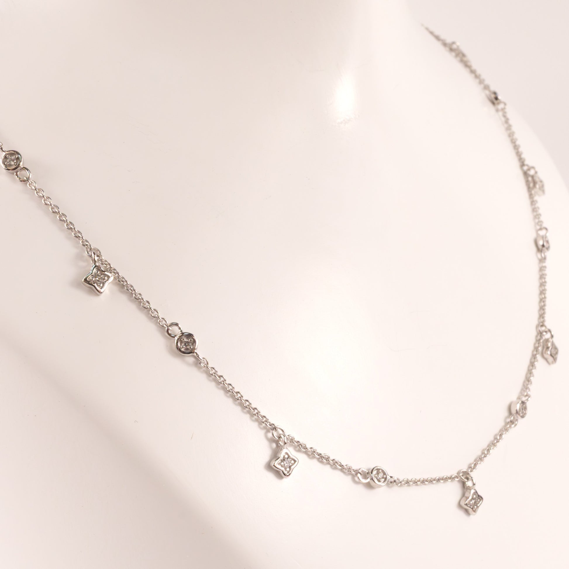 Sterling Silver Diamond Clover Drop Station Necklace