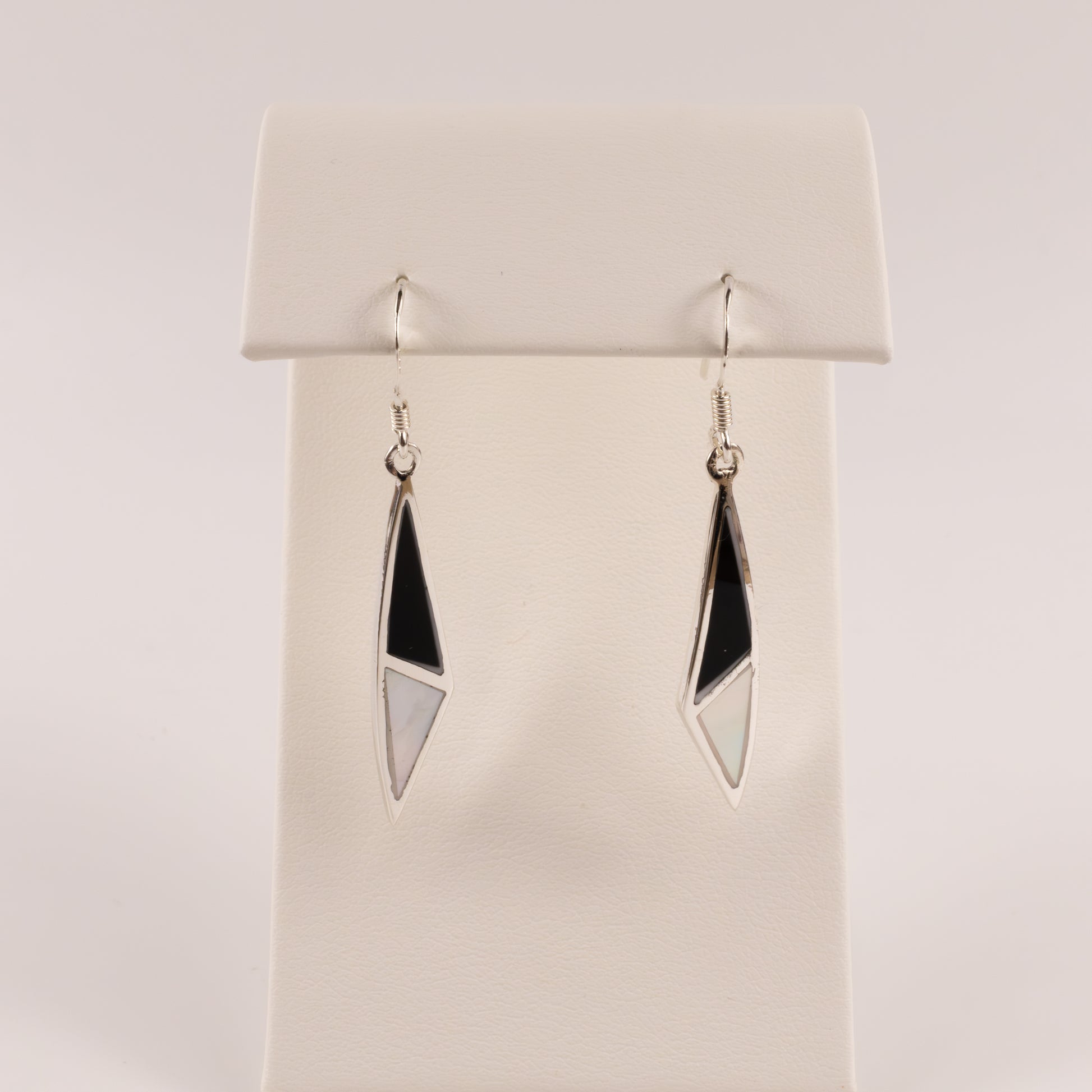 Sterling SIlver Onyx and Mother of Pearl Dangle Earrings