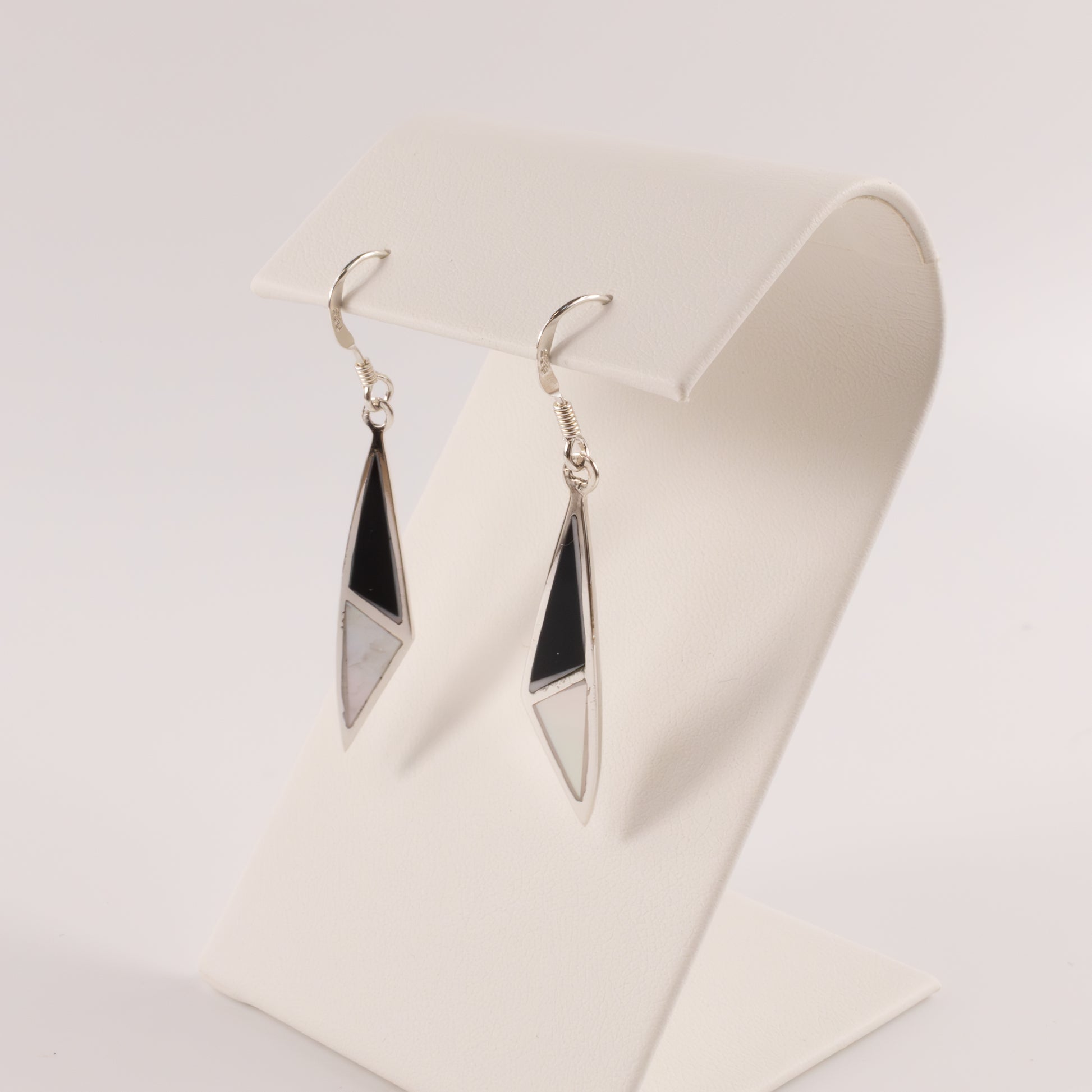 Sterling SIlver Onyx and Mother of Pearl Dangle Earrings