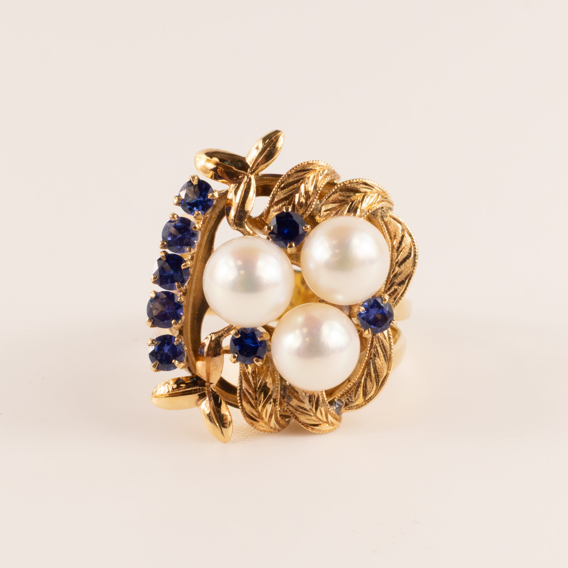 14KYG Vintage Pearl and Blue Sapphire Bird Nest Ring