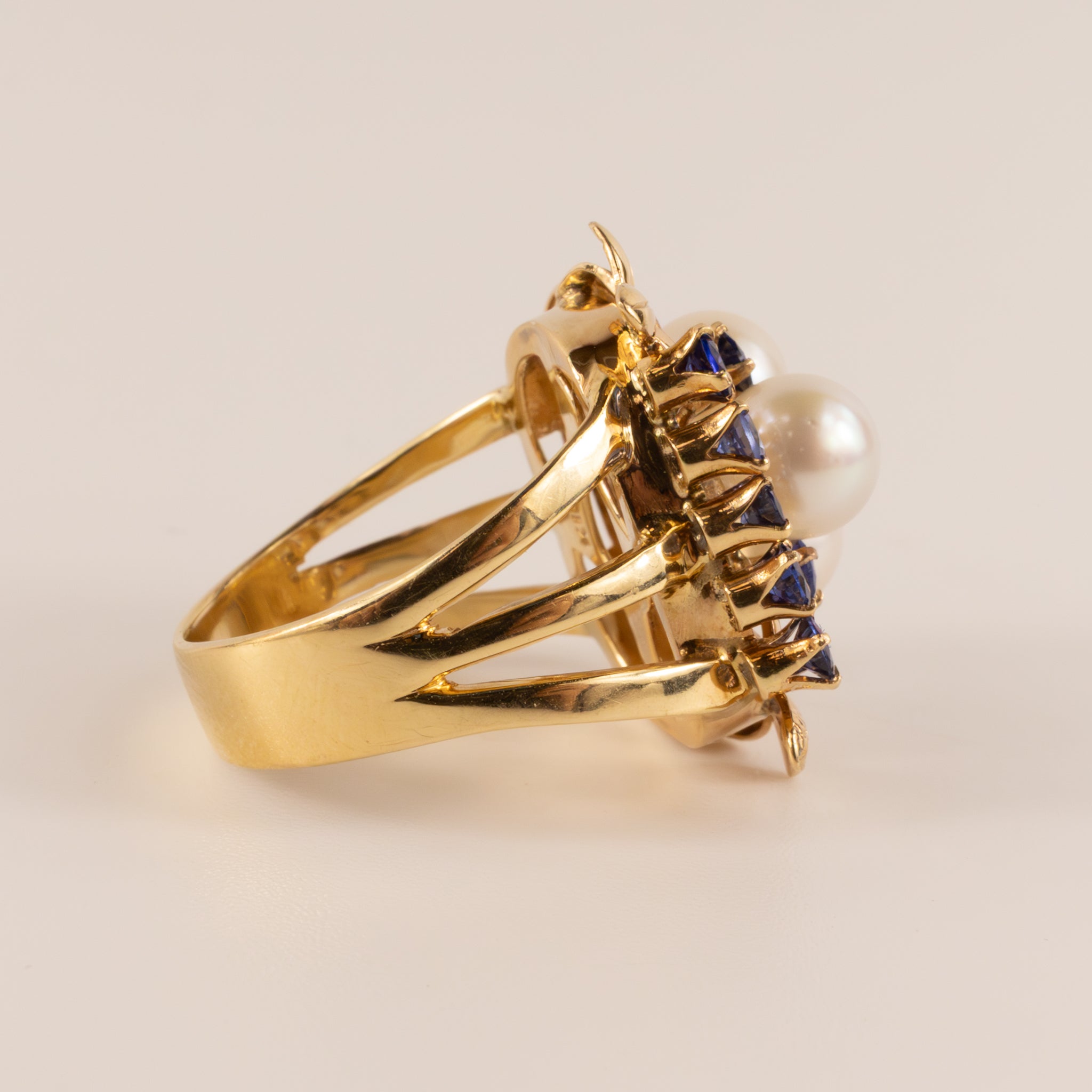 14KYG Vintage Pearl and Blue Sapphire Bird Nest Ring