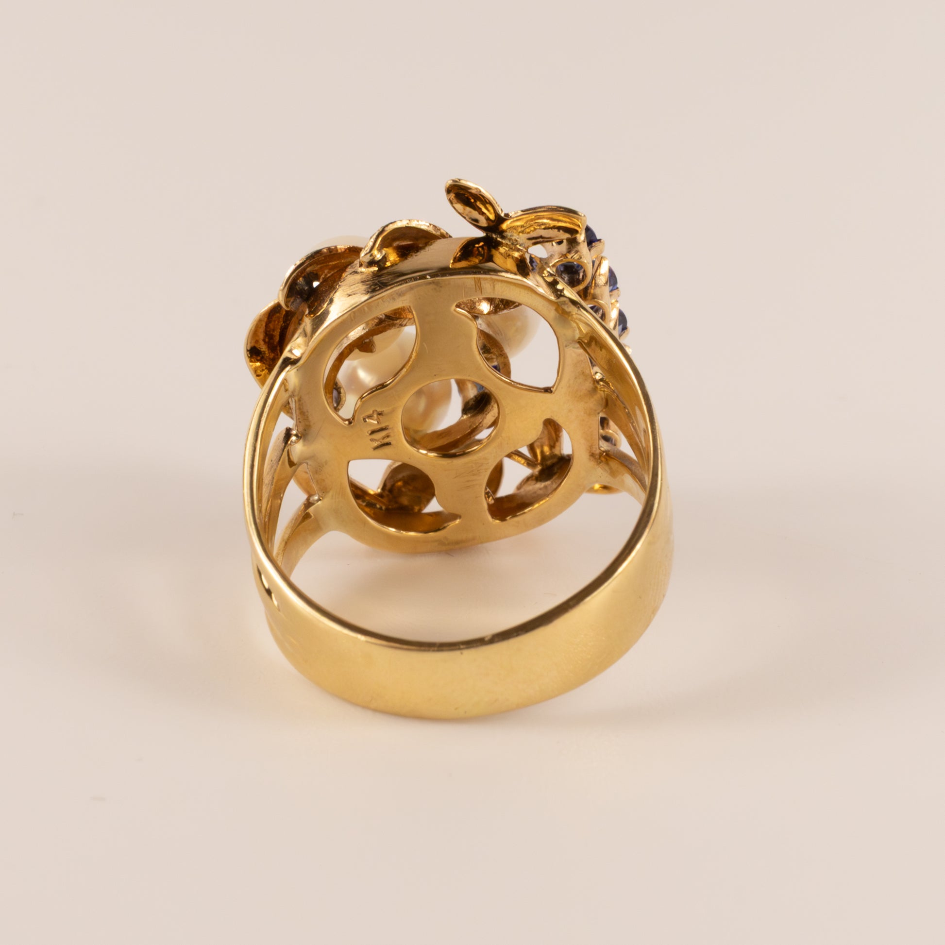 14KYG Vintage Pearl and Blue Sapphire Bird Nest Ring