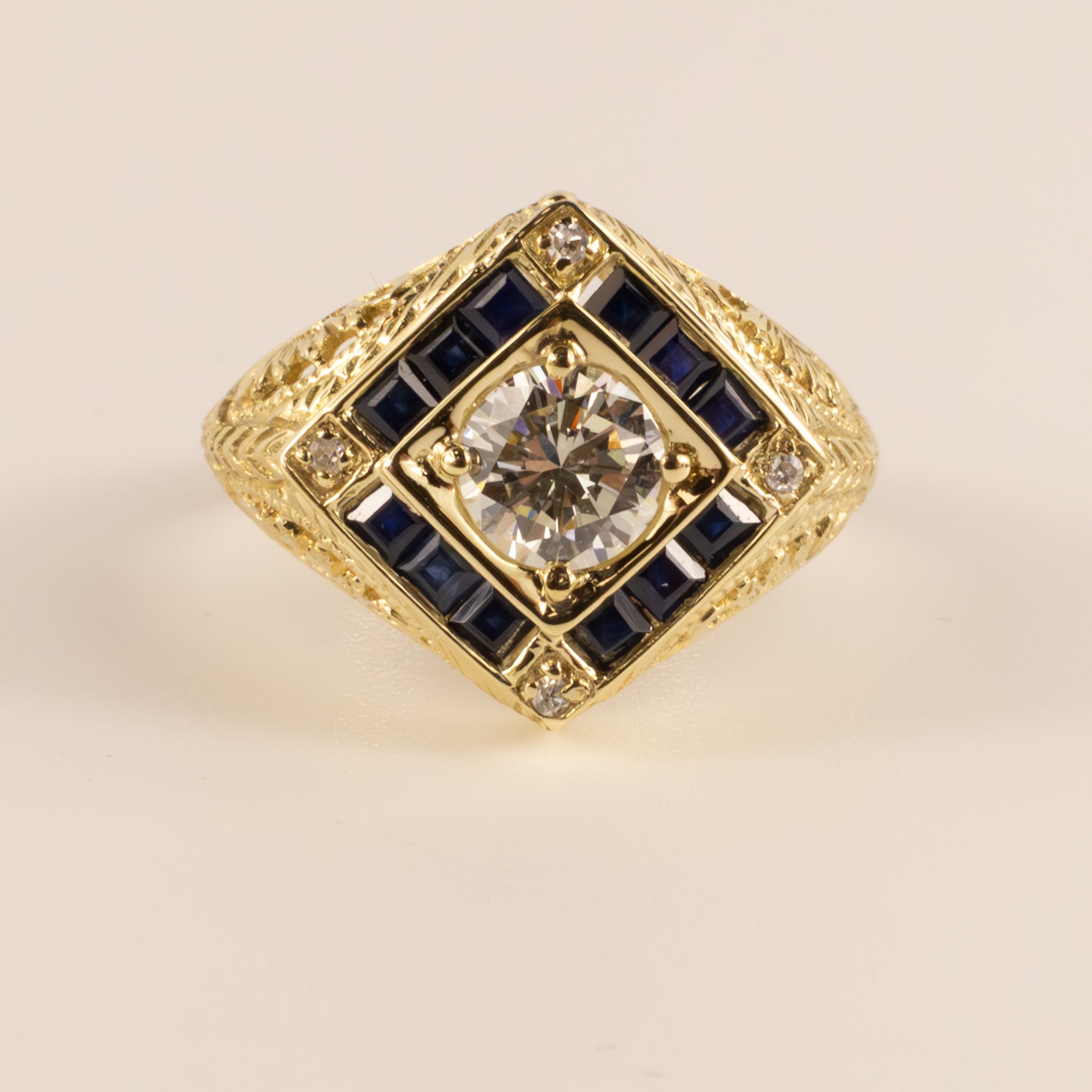 14KYG Vintage Diamond and Blue Sapphire Filigree Signet Ring
