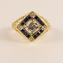 14KYG Vintage Diamond and Blue Sapphire Filigree Signet Ring