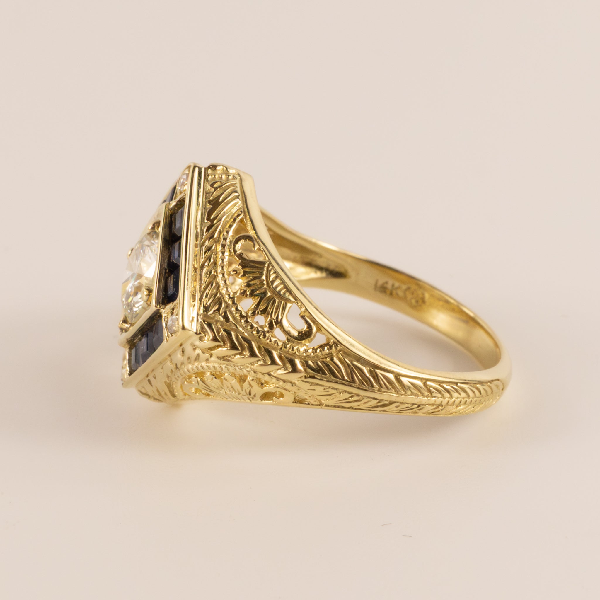 14KYG Vintage Diamond and Blue Sapphire Filigree Signet Ring