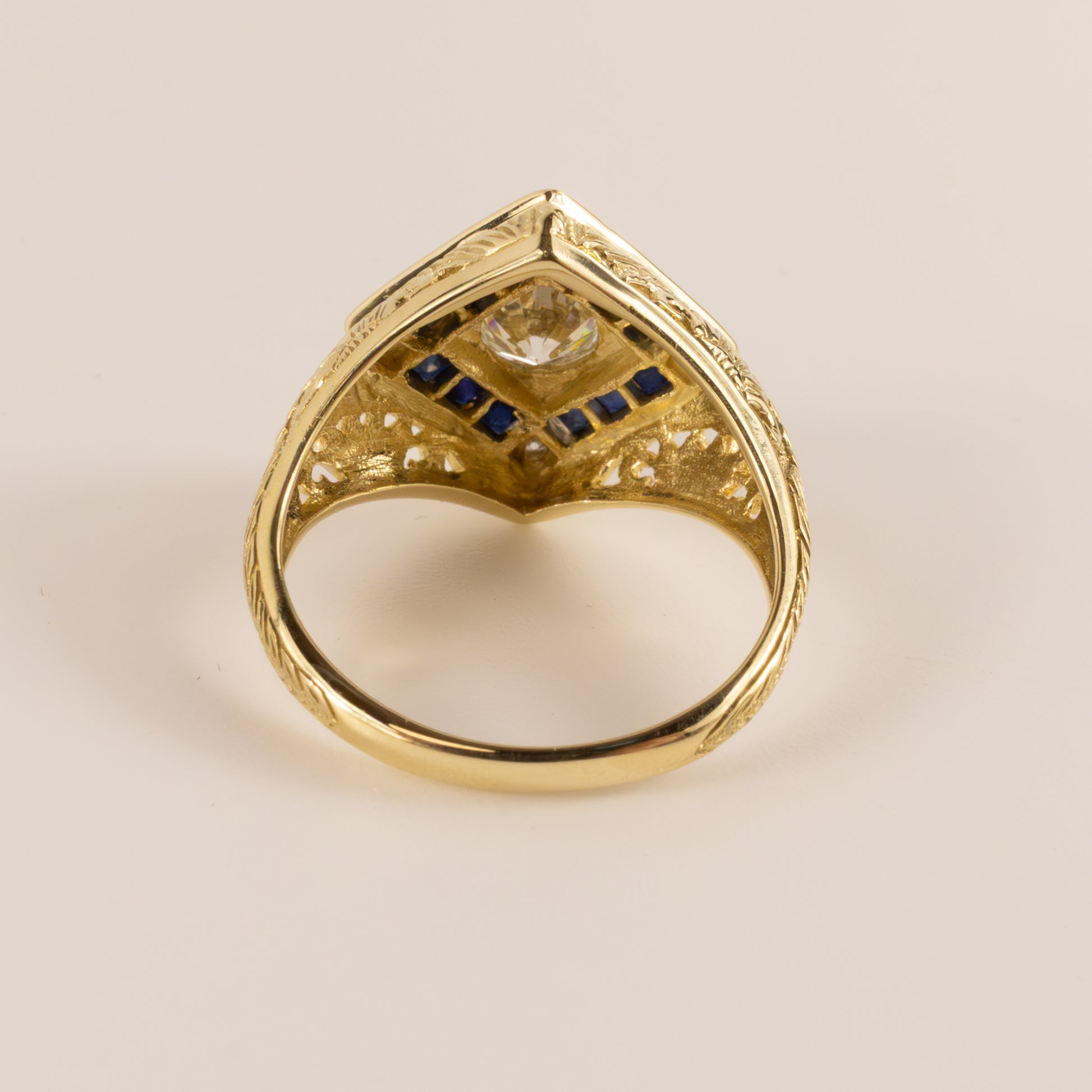 14KYG Vintage Diamond and Blue Sapphire Filigree Signet Ring