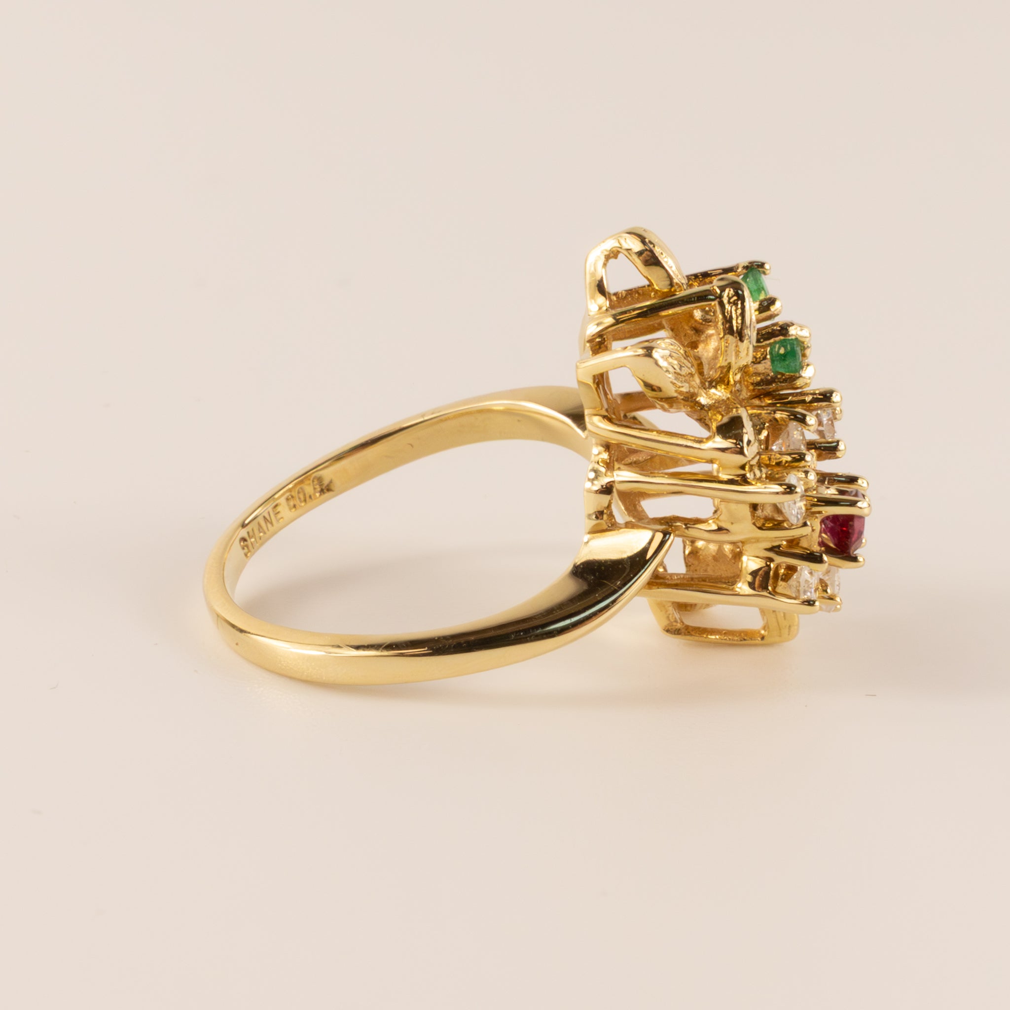 14KYG Diamond, Ruby, and Emerald Cluster Cocktail Ring
