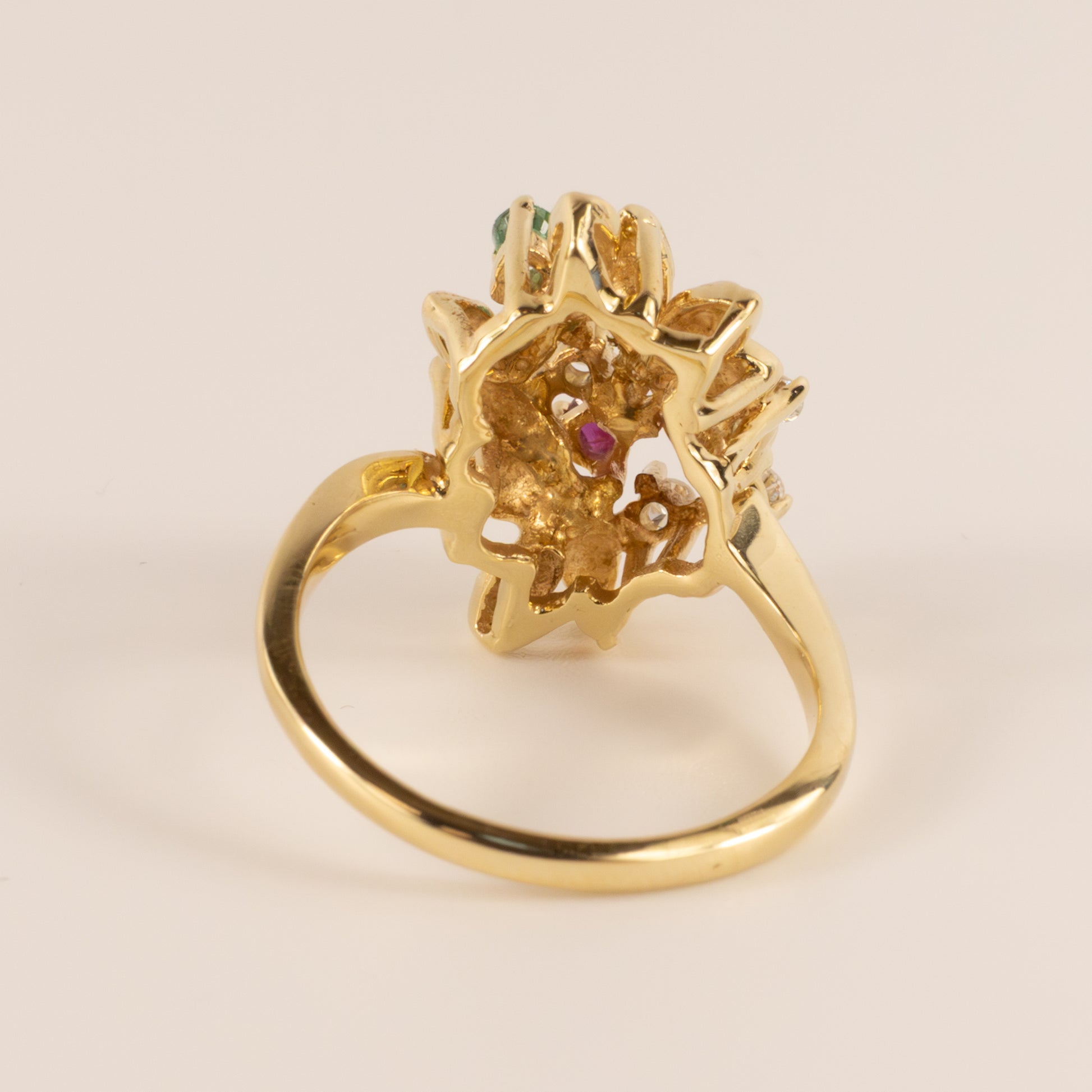 14KYG Diamond, Ruby, and Emerald Cluster Cocktail Ring