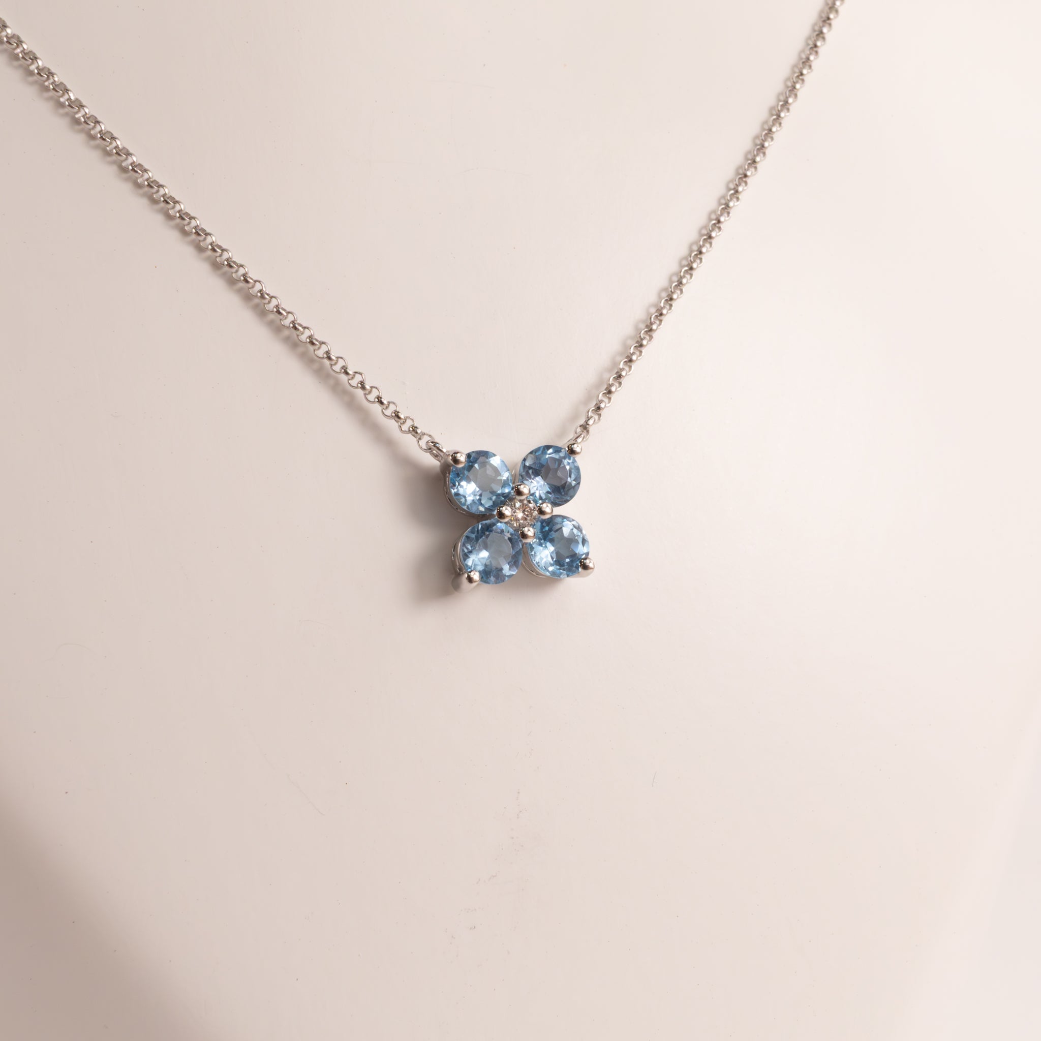 14KWG Swiss Blue Topaz and Diamond Fixed Flower Necklace