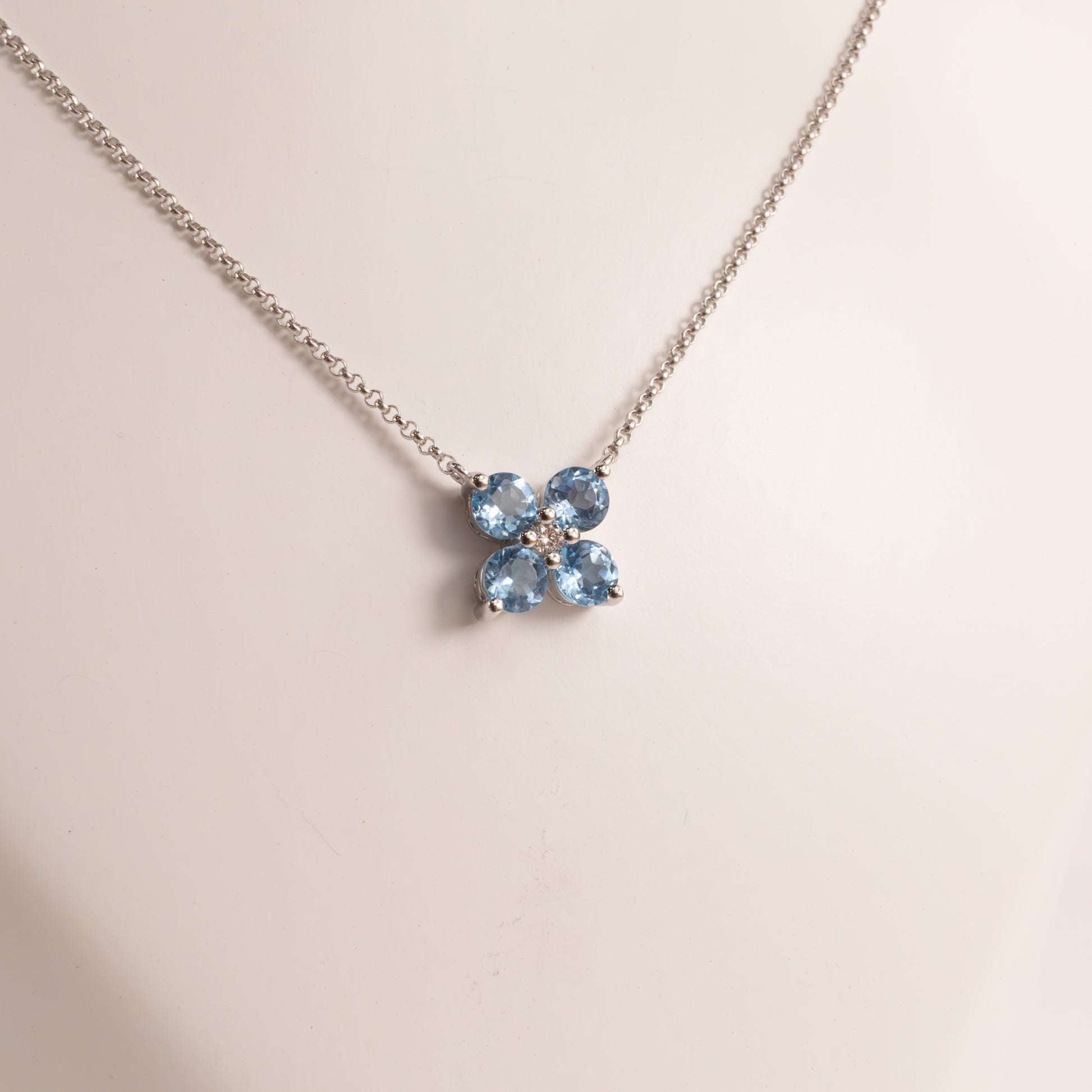 14KWG Swiss Blue Topaz and Diamond Fixed Flower Necklace