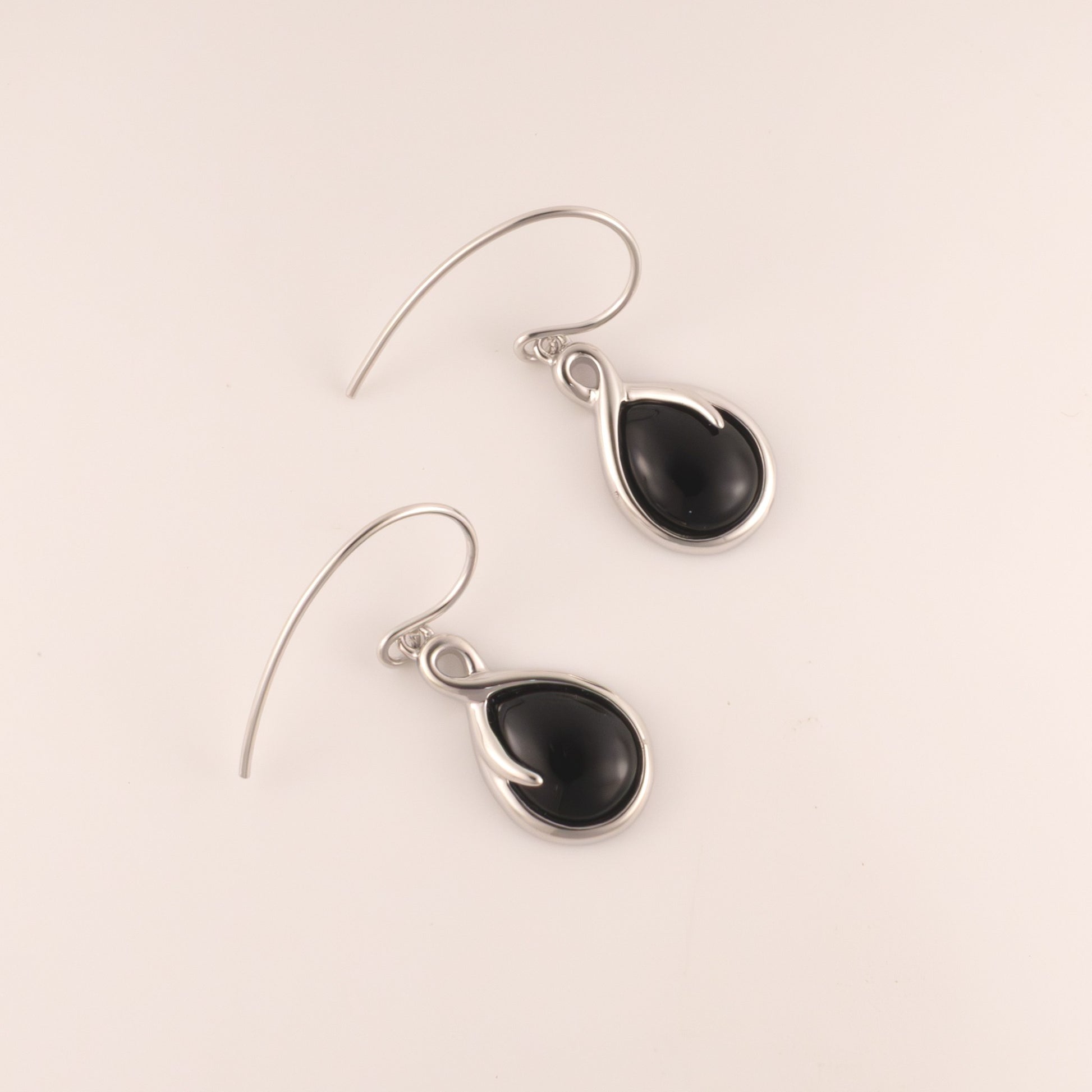 Sterling Silver Onyx Bezel Teardrop Dangle Earrings