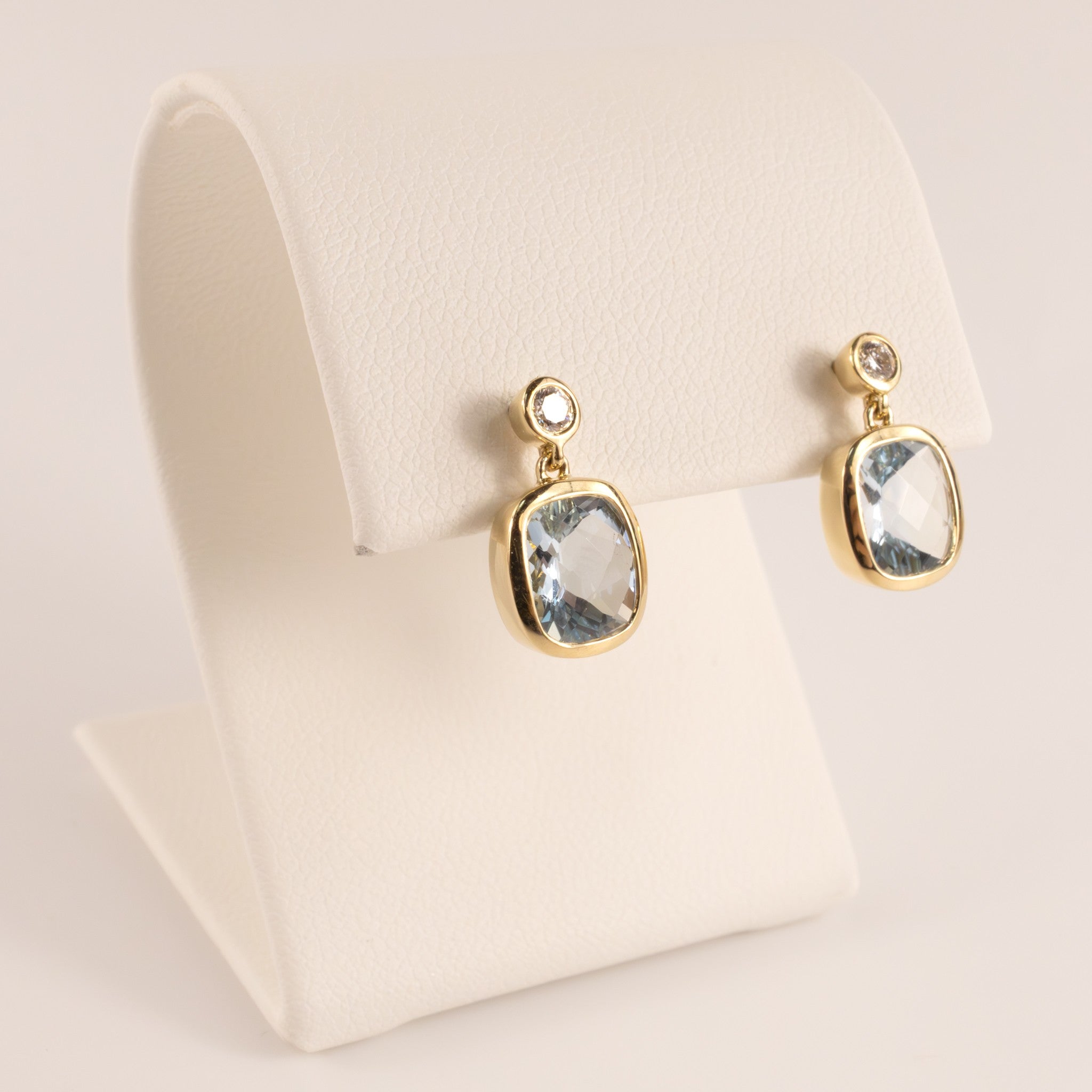 14KYG Aquamarine and Diamond Bezel Set Drop Earrings