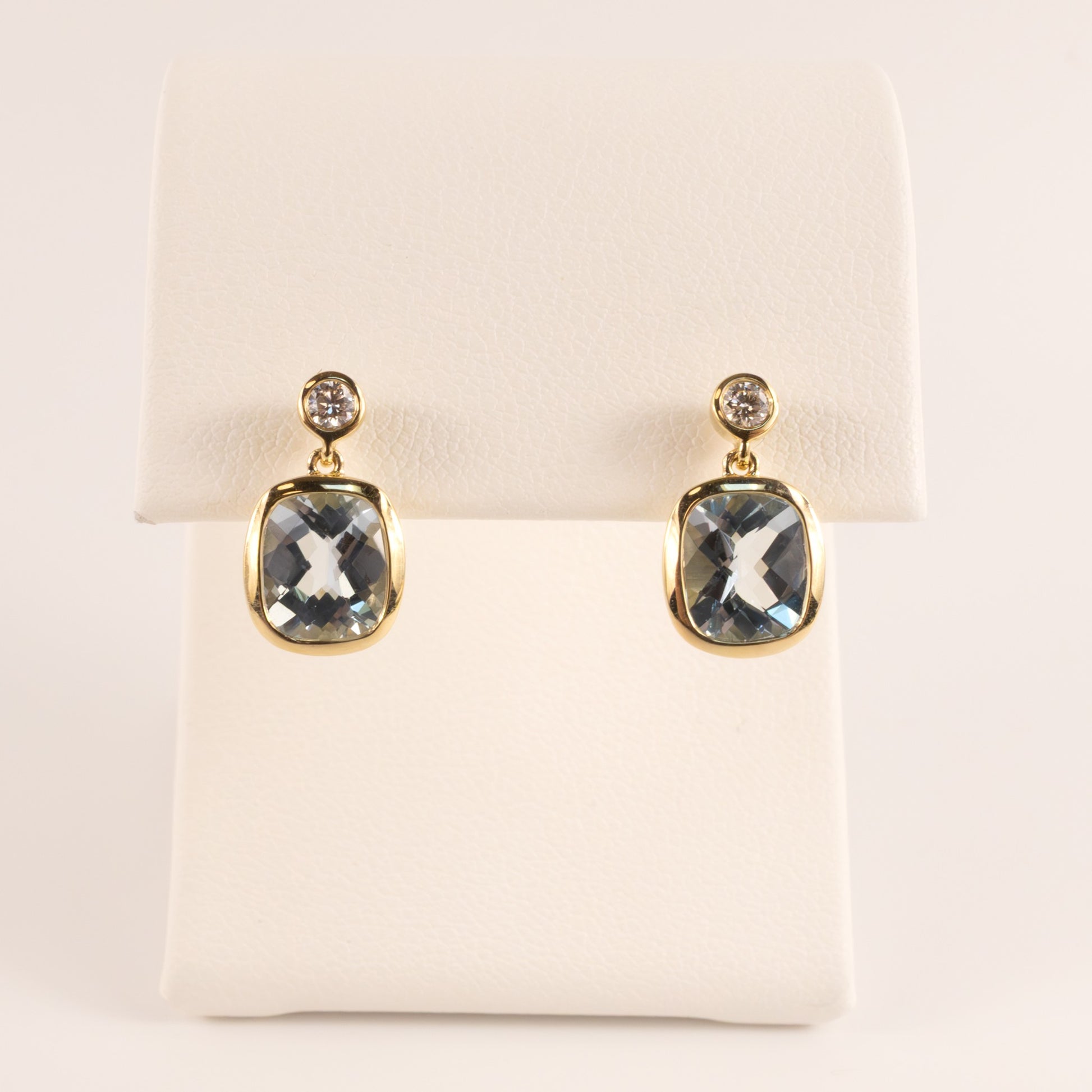 14KYG Aquamarine and Diamond Bezel Set Drop Earrings