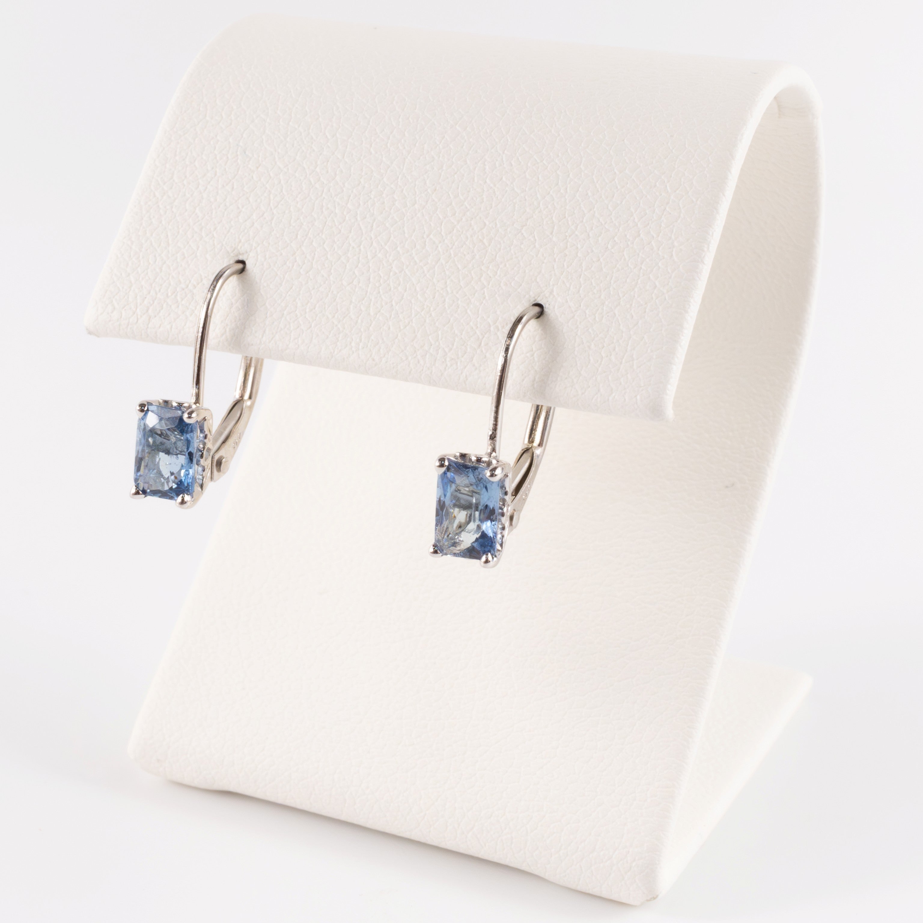 14KWG Aquamarine Radiant Cut Lever Back Earrings