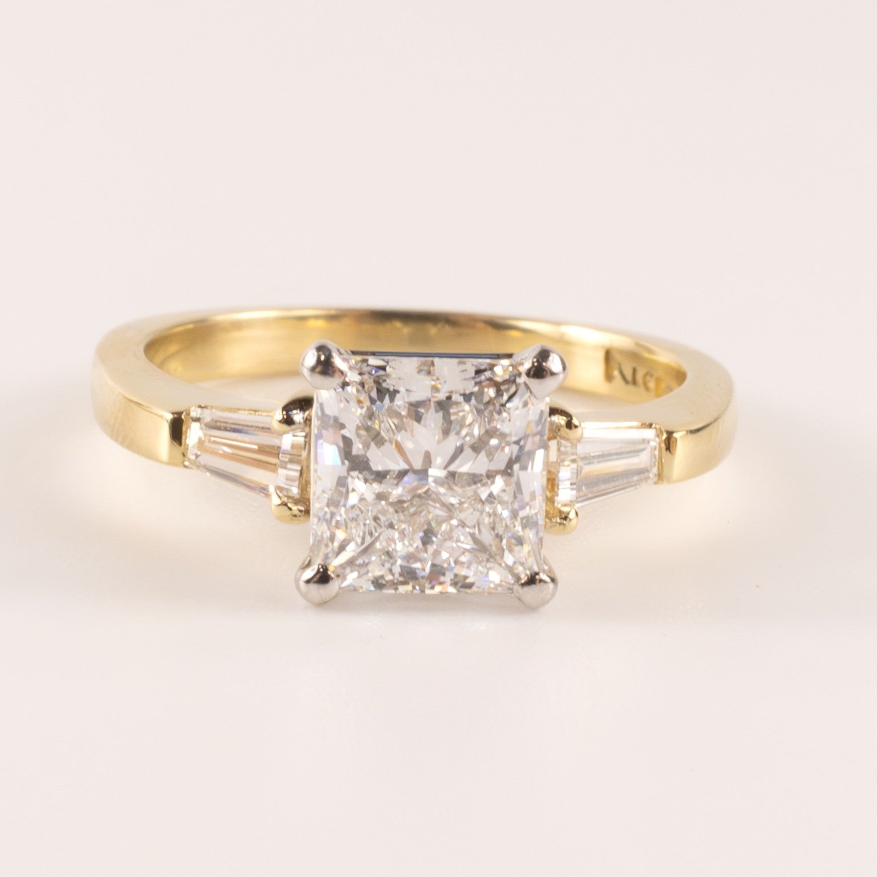 14KYG Lab Grown Diamond 2.01ct Princess Cut Three Stone Engagement Ring
