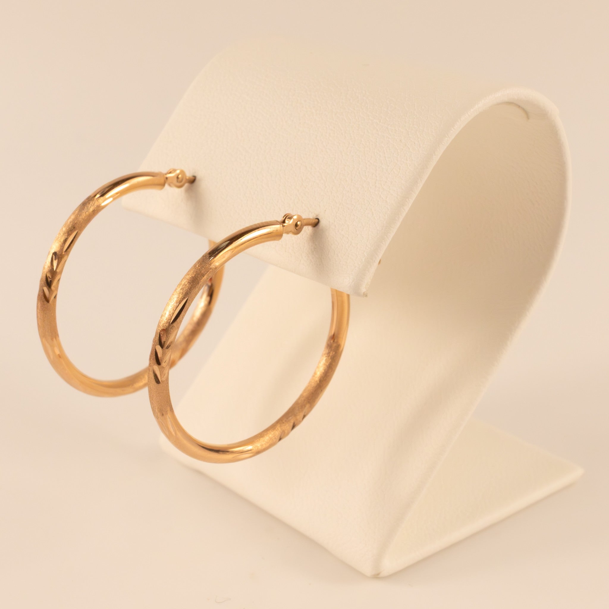 14KRG 2x25mm Satin Diamond Cut Tube Hoop Earrings