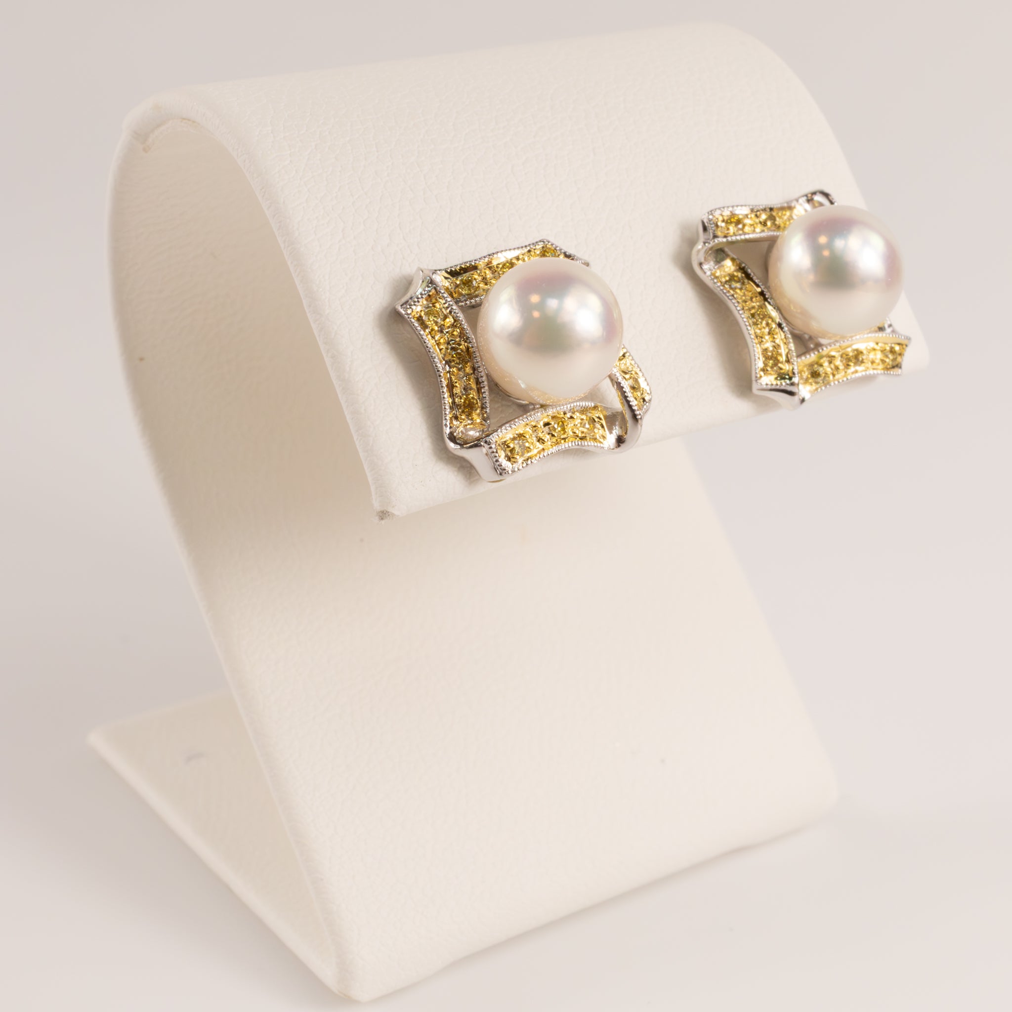 14KWG Akoya Pearl and Yellow Diamond Square Frame Stud Earrings