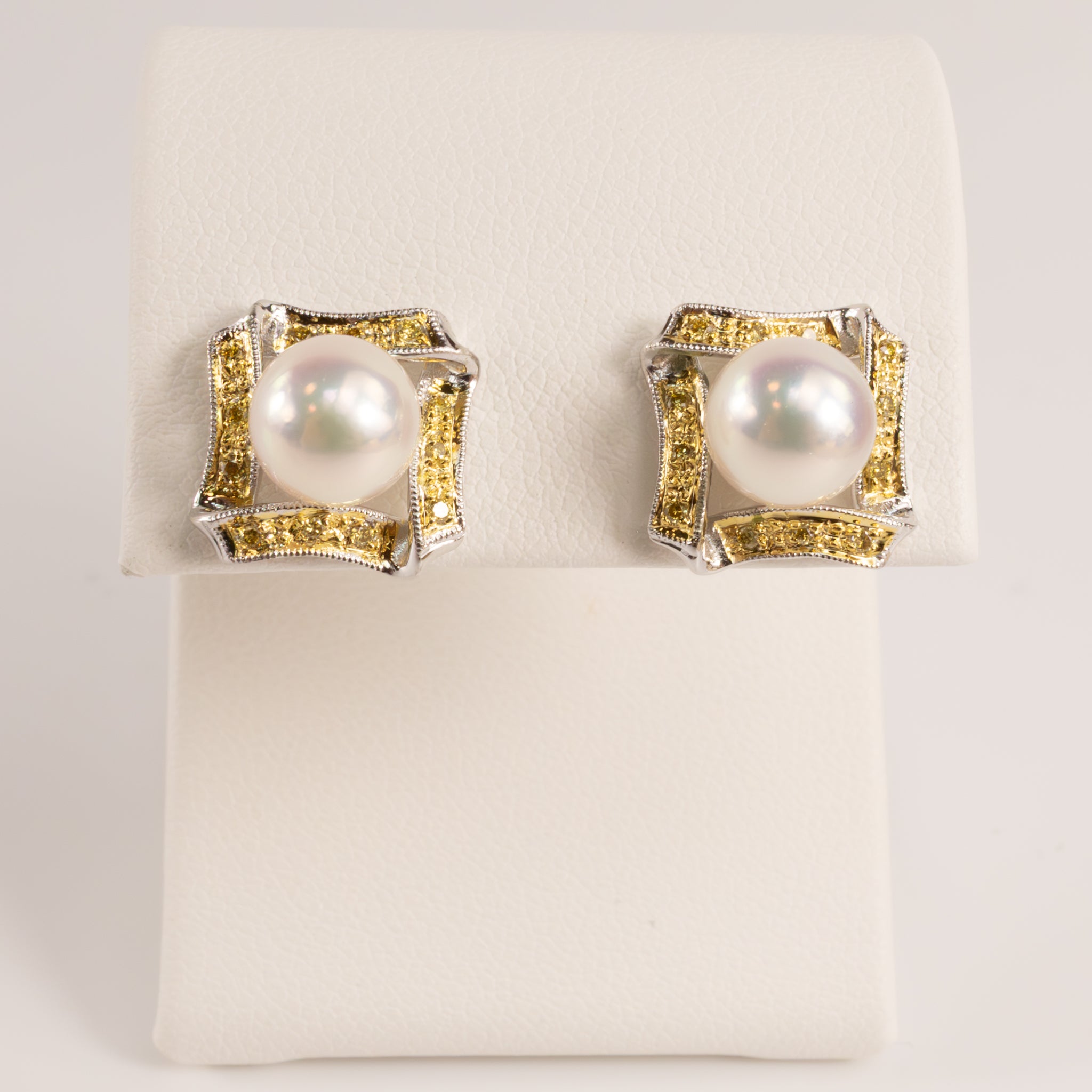 14KWG Akoya Pearl and Yellow Diamond Square Frame Stud Earrings