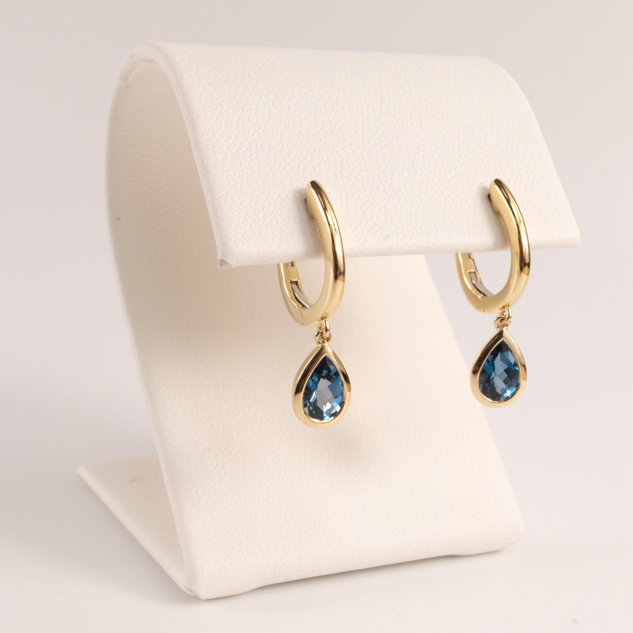 14KYG London Blue Topaz Pear Huggie Drop Earrings