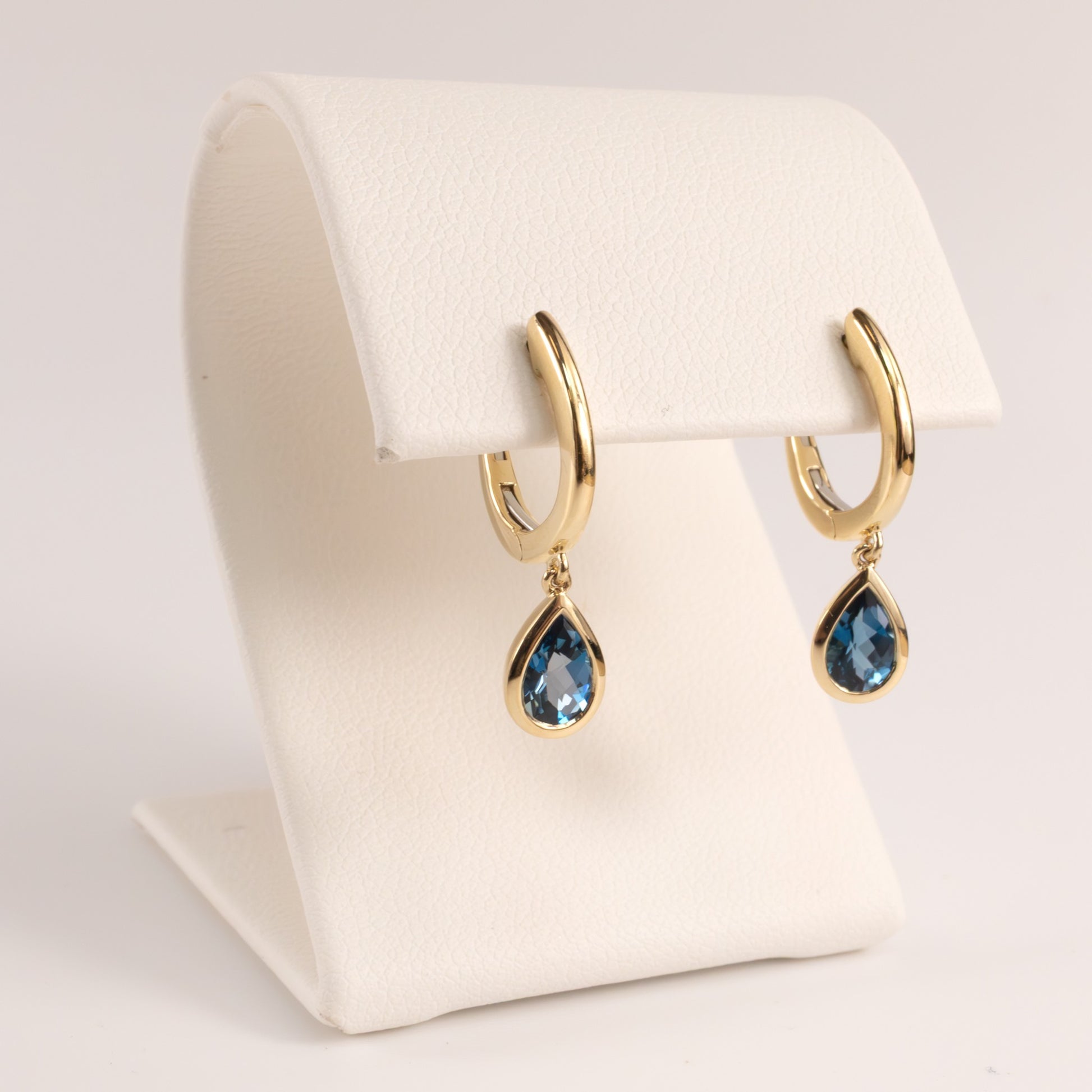 14KYG London Blue Topaz Pear Huggie Drop Earrings