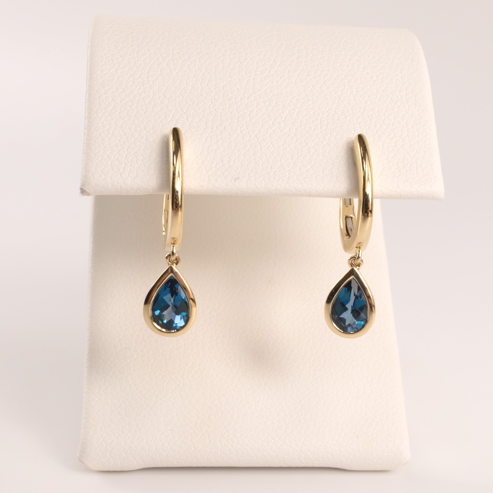 14KYG London Blue Topaz Pear Huggie Drop Earrings