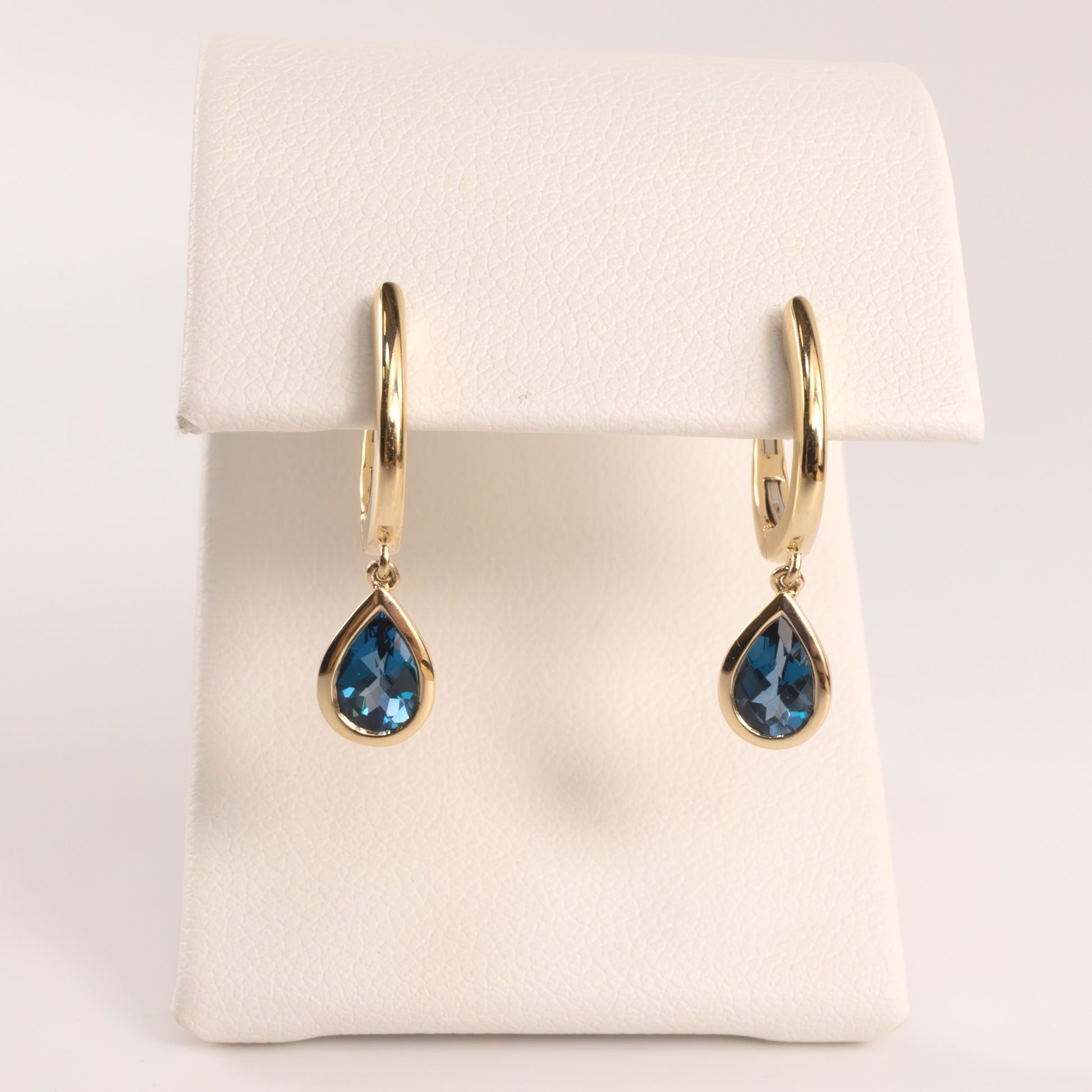 14KYG London Blue Topaz Pear Huggie Drop Earrings