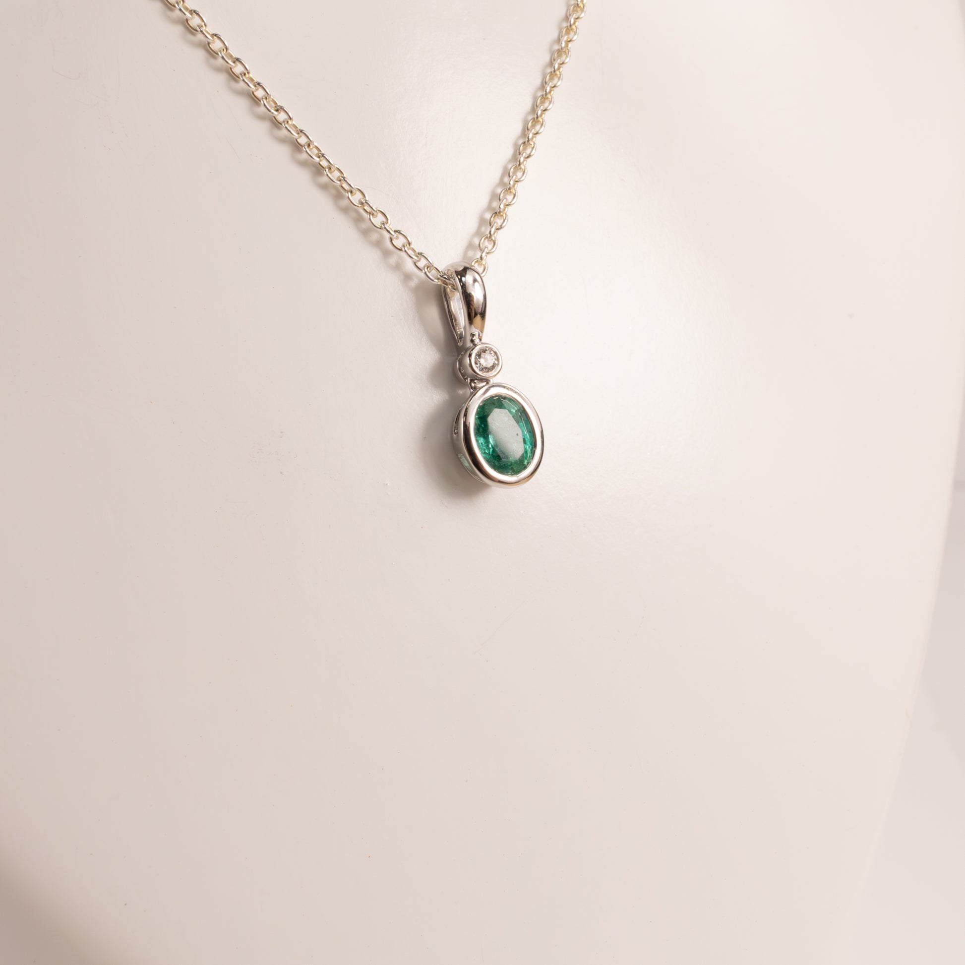 14KWG Emerald Oval and Diamond Bezel Set Pendant
