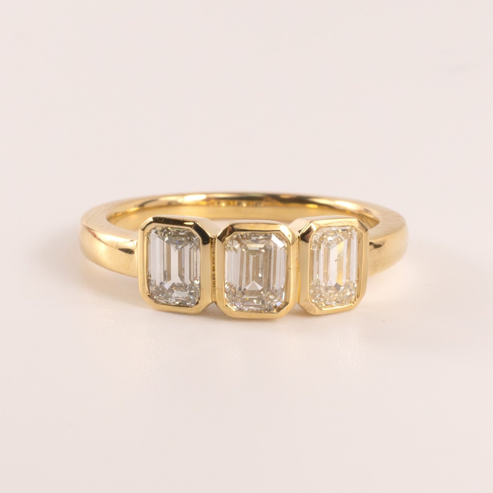 18KYG Diamond 1.25cttw Emerald Cut Bezel Set 3-Stone Ring
