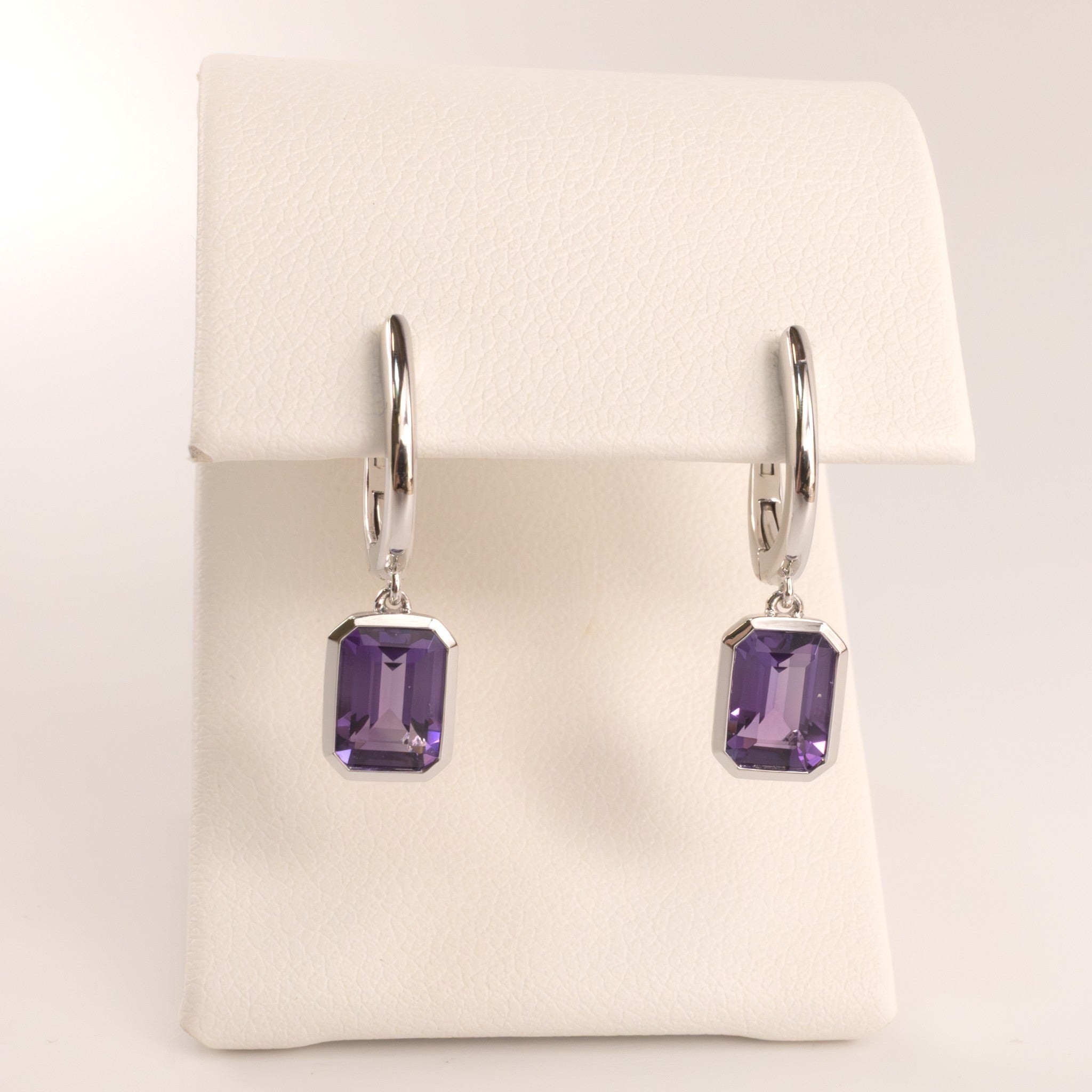 14KWG Amethyst Emerald Cut Bezel Set Drop Earrings