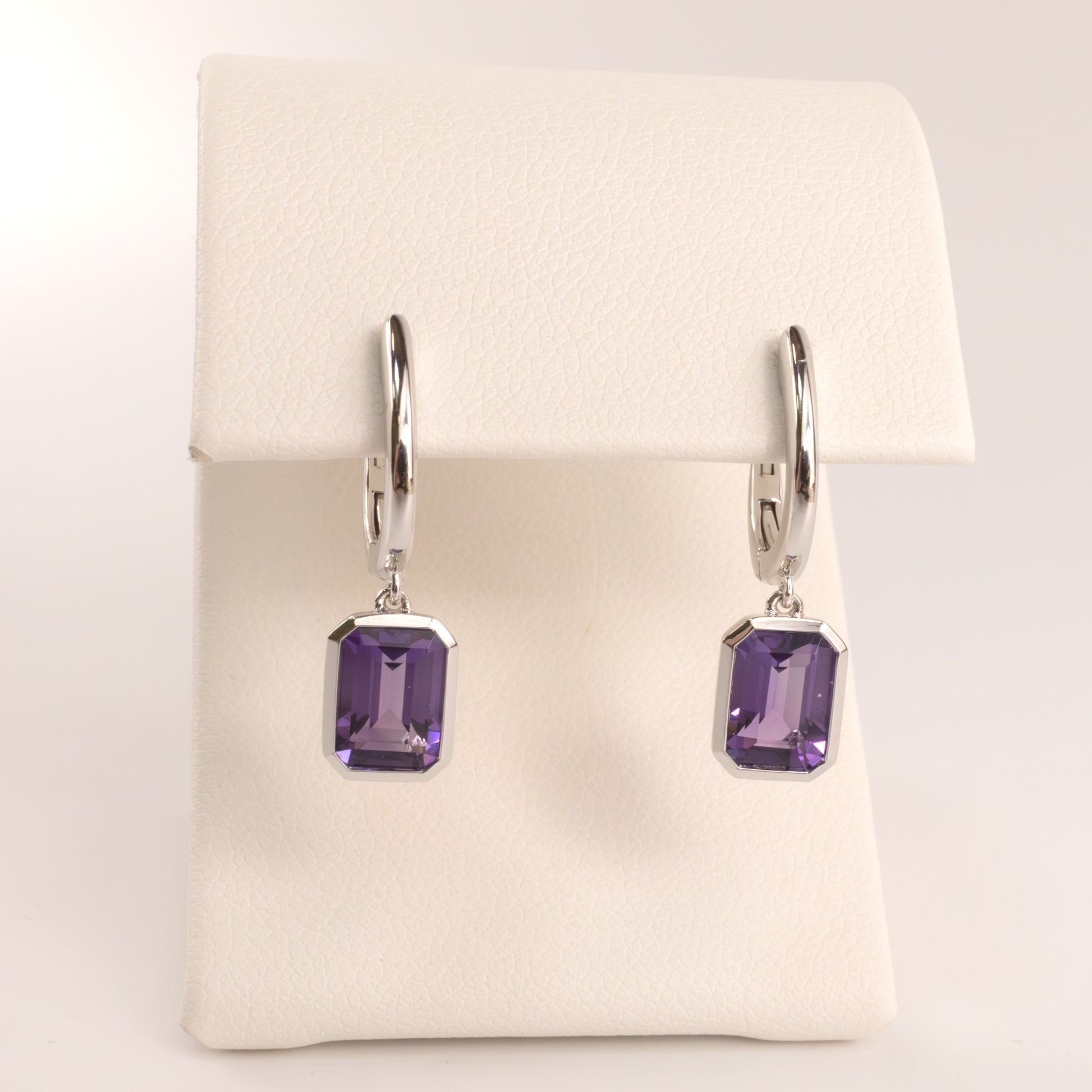 14KWG Amethyst Emerald Cut Bezel Set Drop Earrings