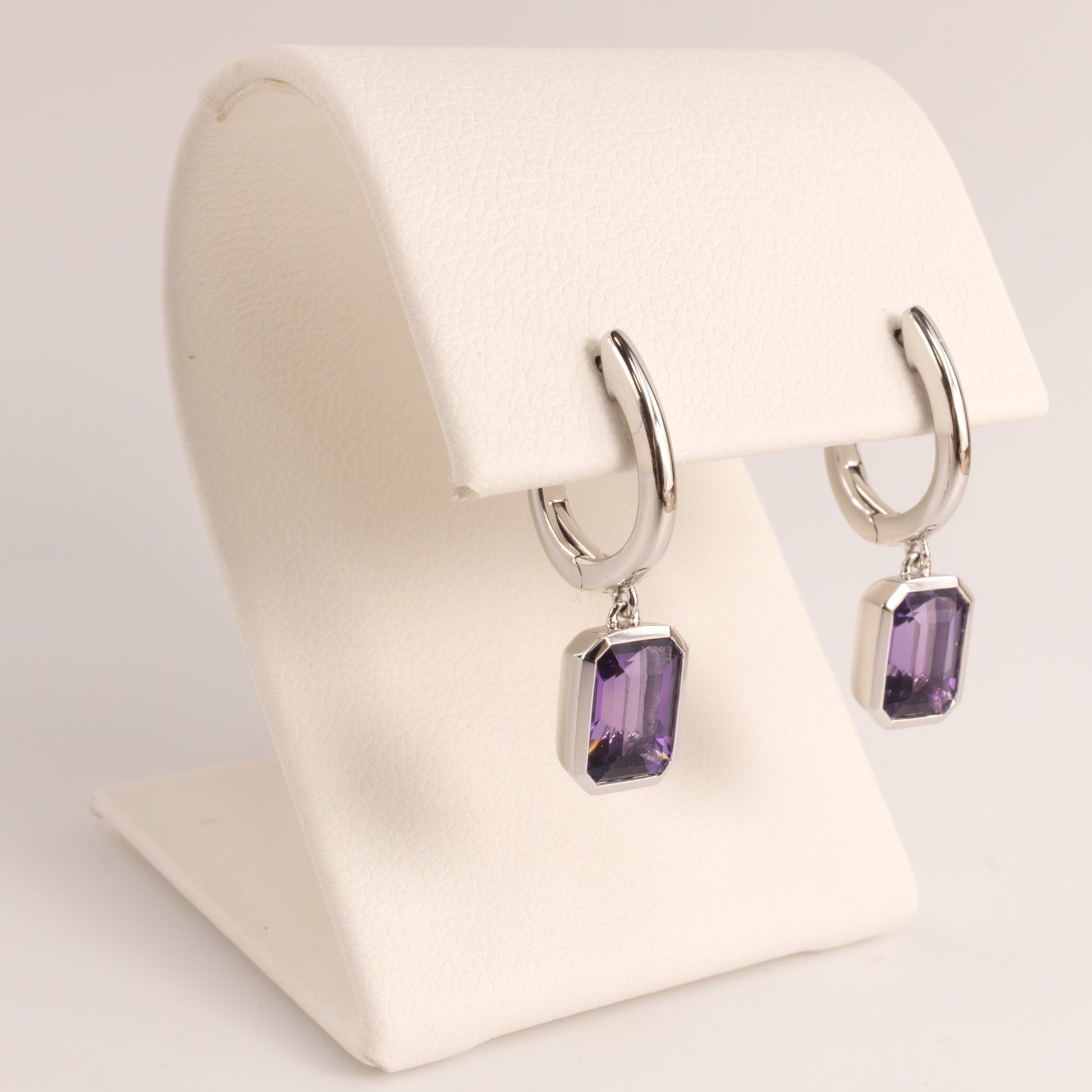 14KWG Amethyst Emerald Cut Bezel Set Drop Earrings