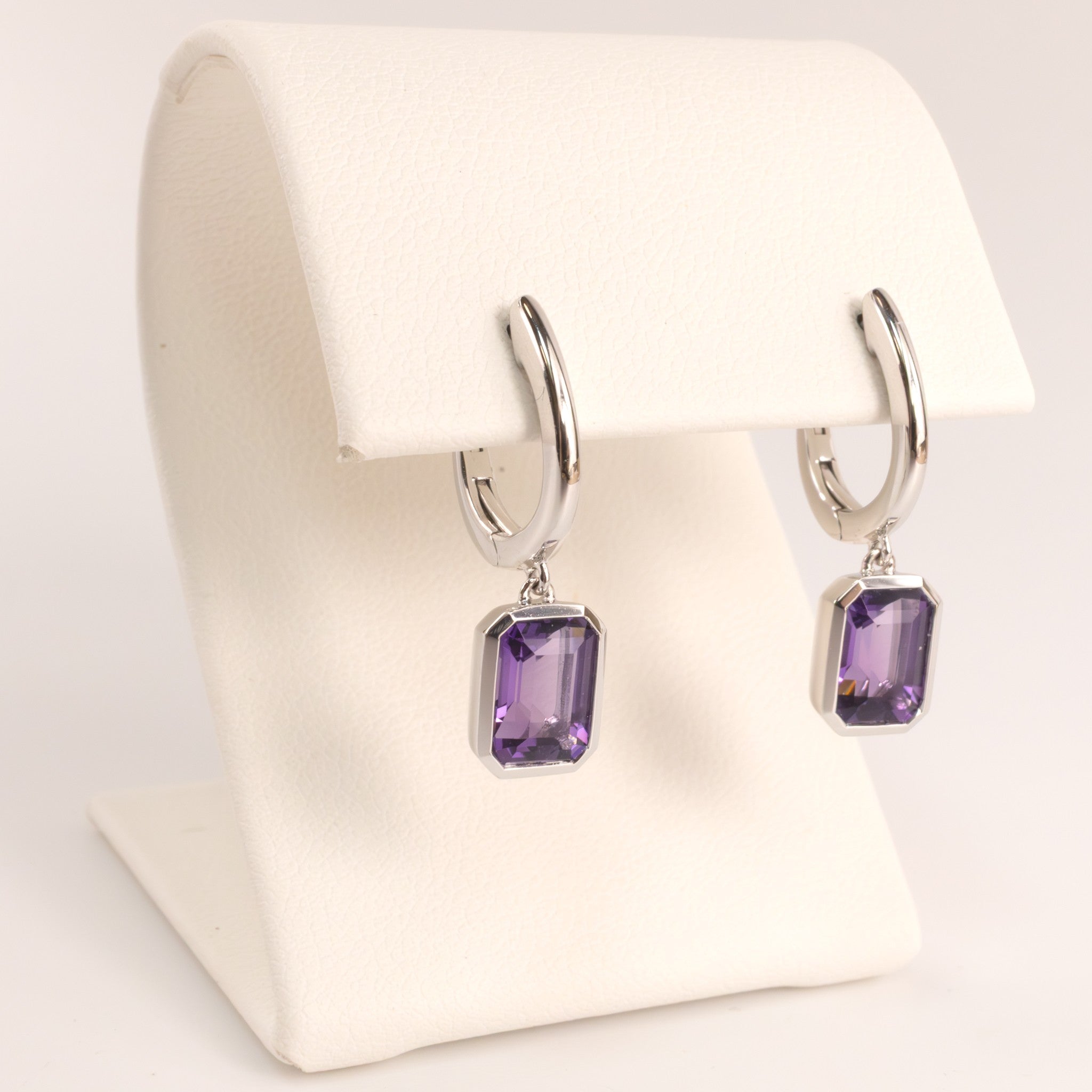 14KWG Amethyst Emerald Cut Bezel Set Drop Earrings