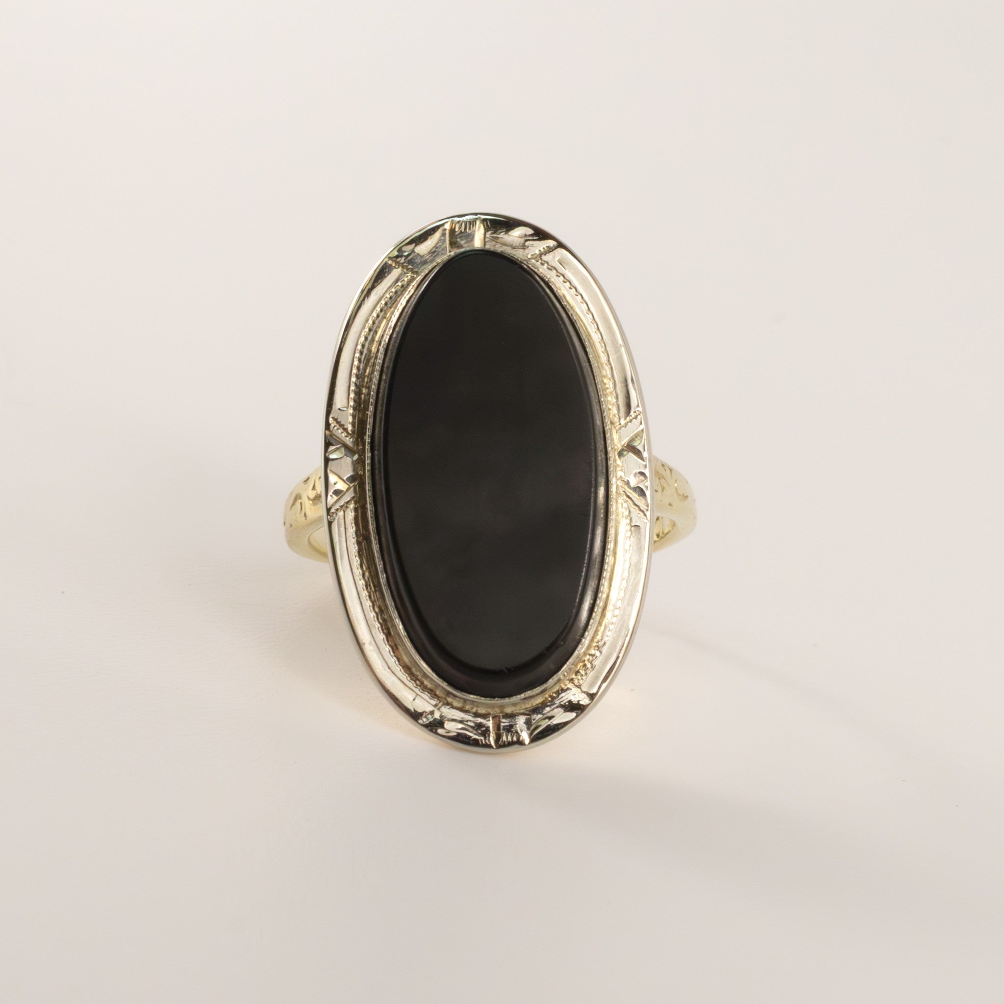 14K Two-Tone Onyx Filigree Engraved Ring