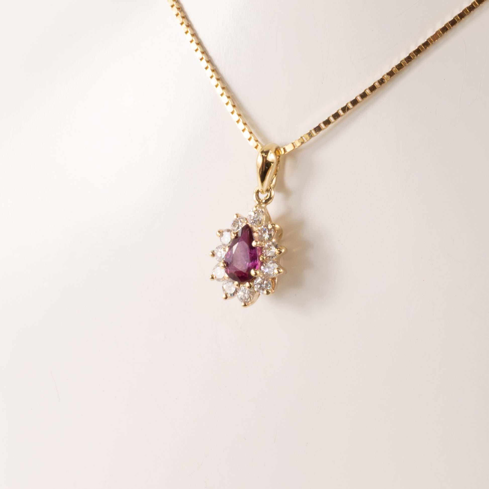 14KYG Ruby Pear and Diamond Halo Necklace