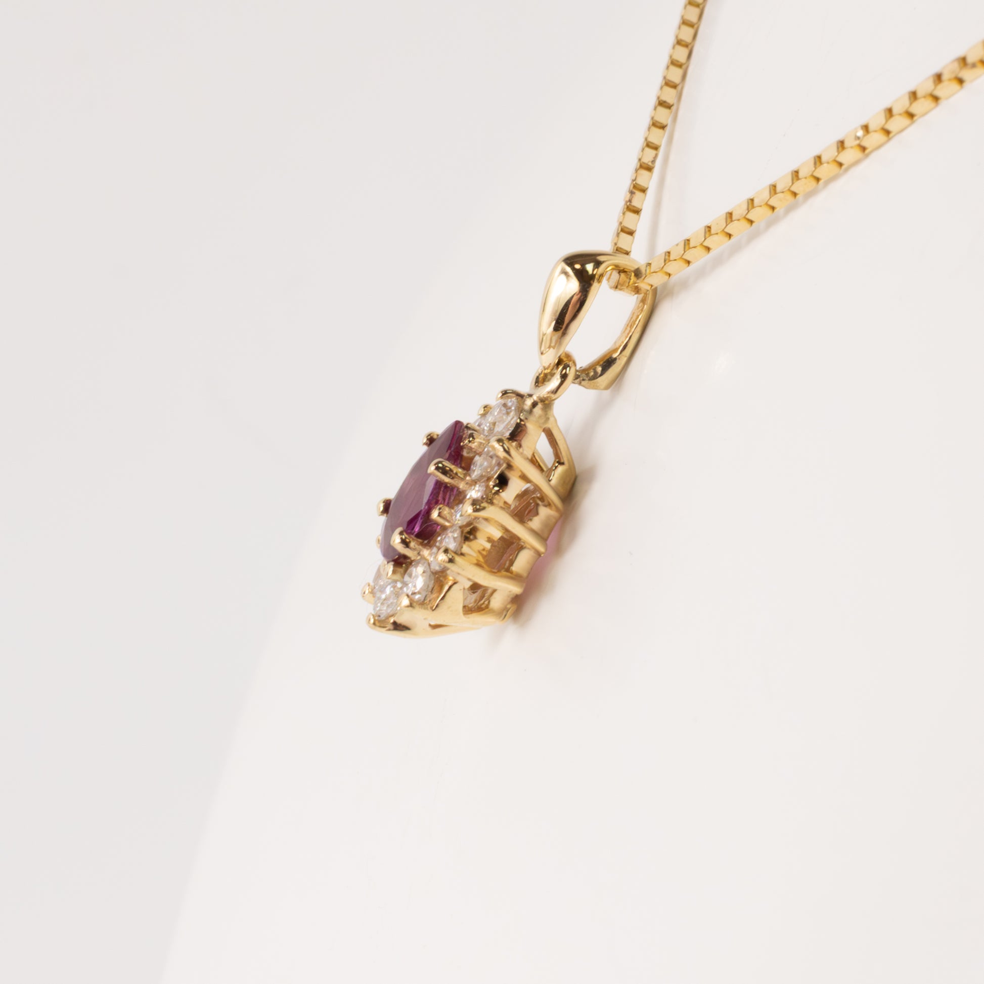 14KYG Ruby Pear and Diamond Halo Necklace