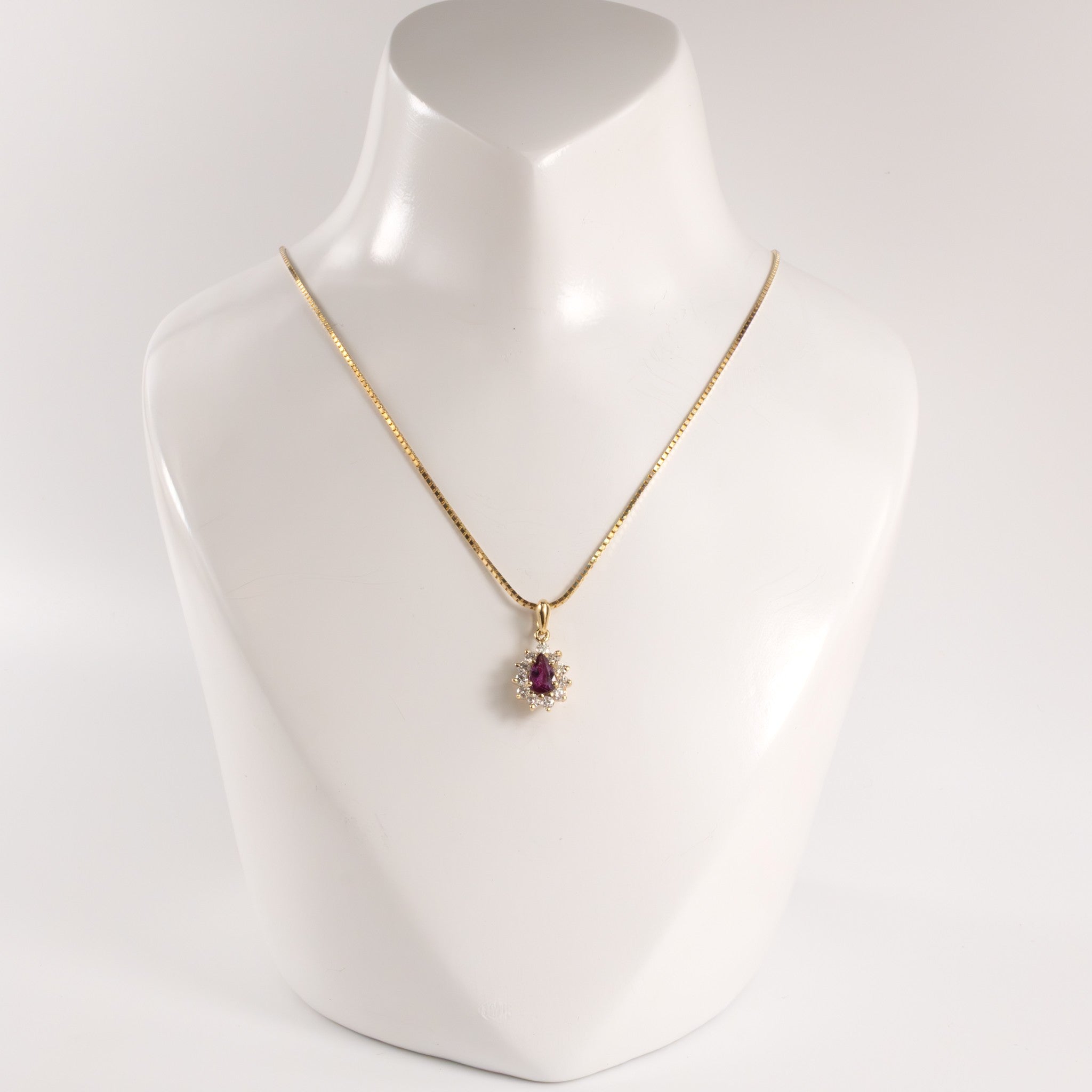 14KYG Ruby Pear and Diamond Halo Necklace