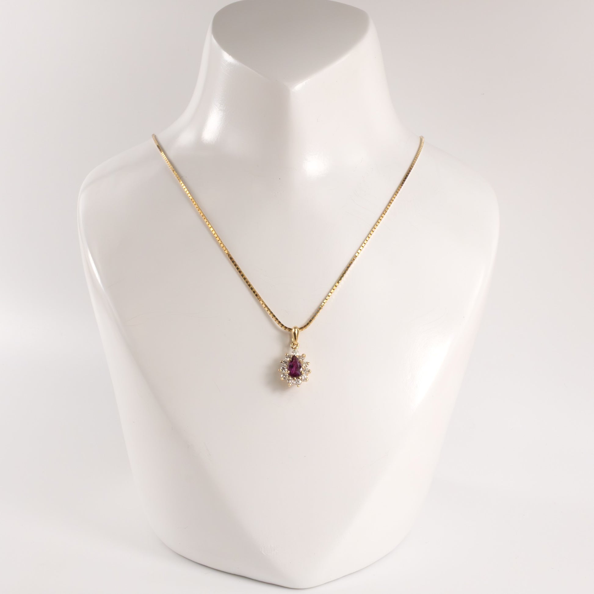 14KYG Ruby Pear and Diamond Halo Necklace