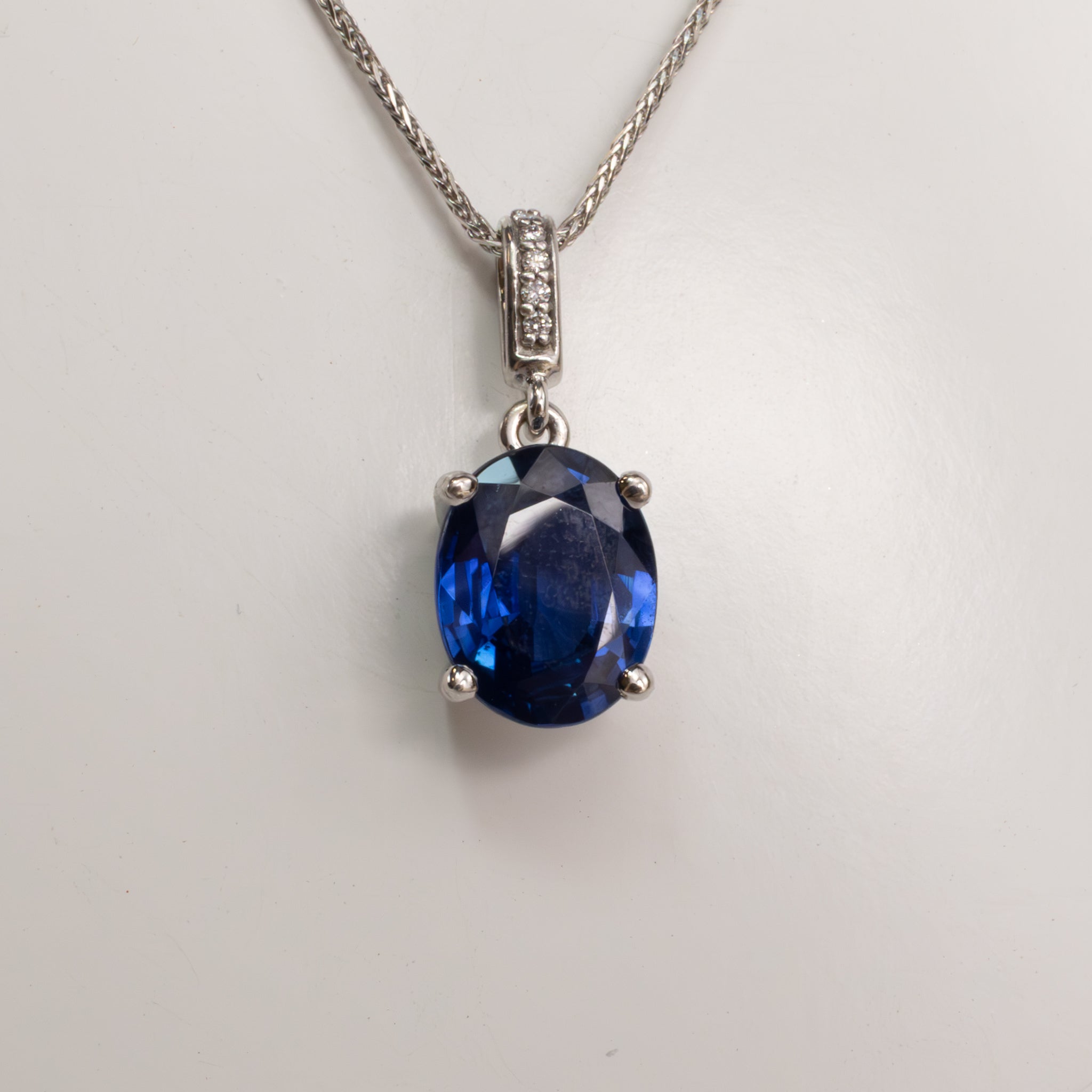 14KWG Blue Sapphire 2.40ct and Diamond Bail Necklace