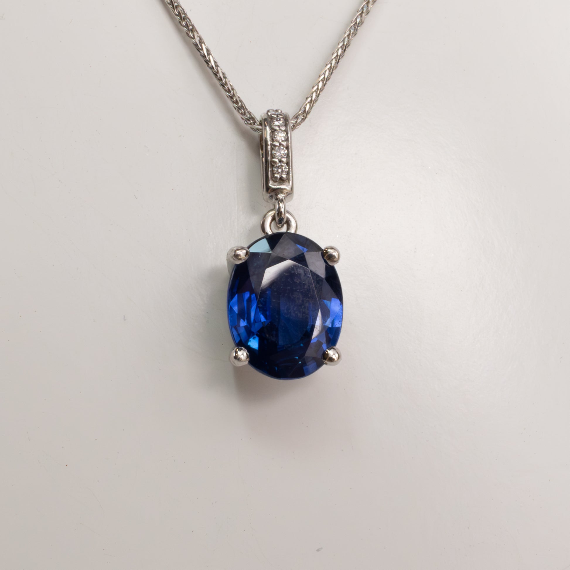14KWG Blue Sapphire 2.40ct and Diamond Bail Necklace